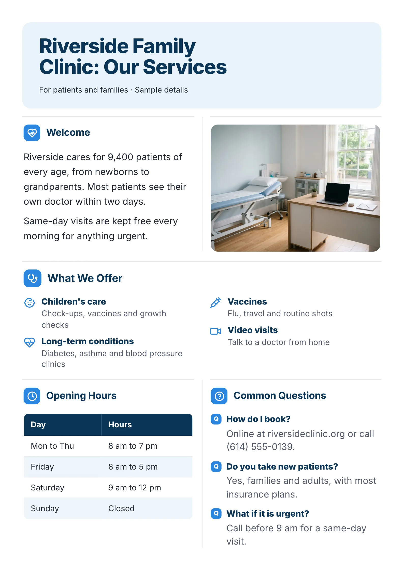 Clinic services One-Pager template with a consultation room photo, a welcome note, services offered, opening hours and common questions