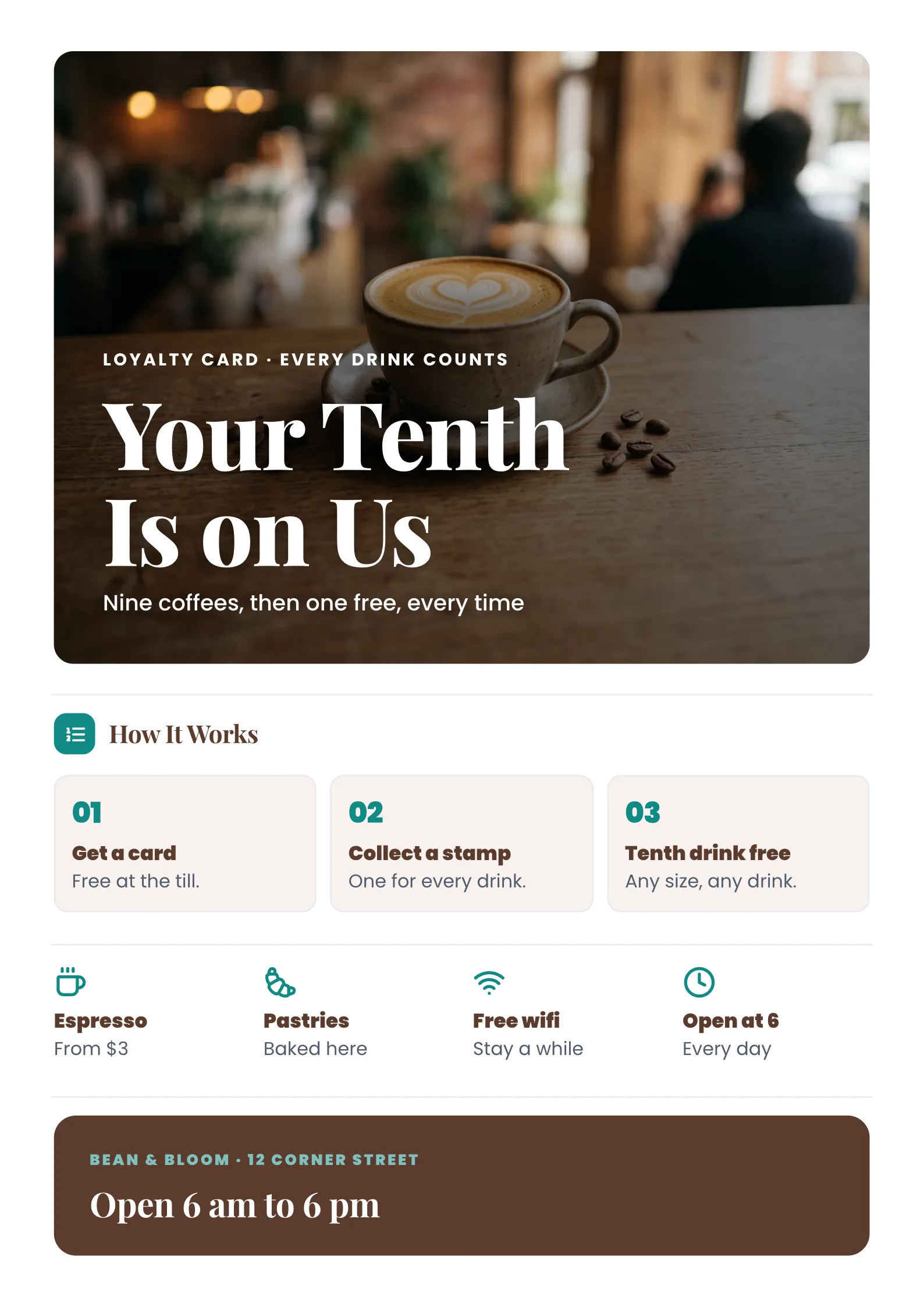 Coffee Shop Flyer with a latte with a heart in the foam on a wooden café counter with coffee beans