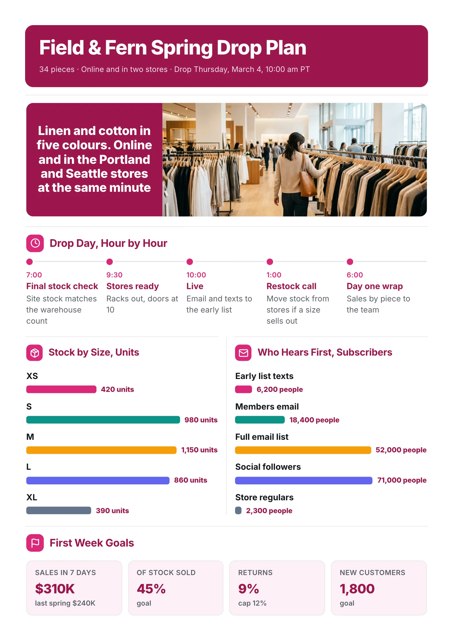 Fashion collection drop launch plan One-Pager with a store photo, a drop day timeline and stock by size