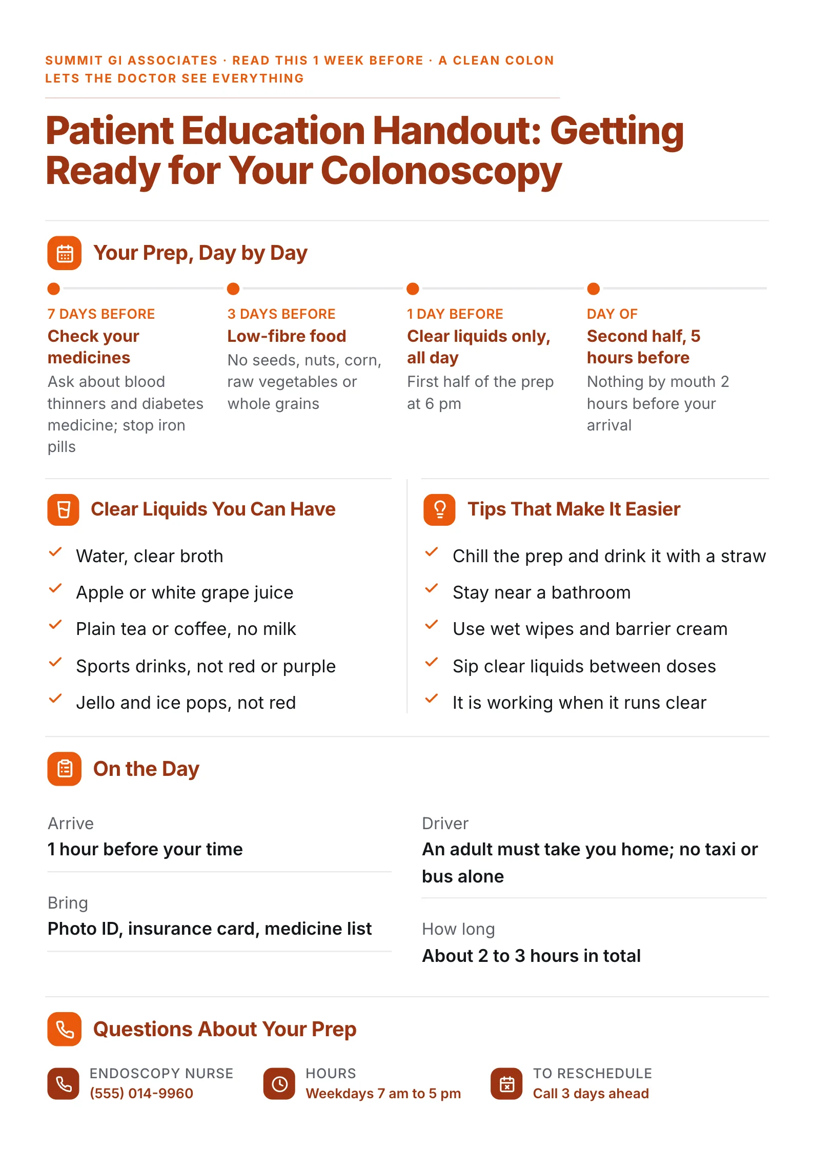 Colonoscopy prep patient education handout One-Pager with a day-by-day timeline and clear liquids list