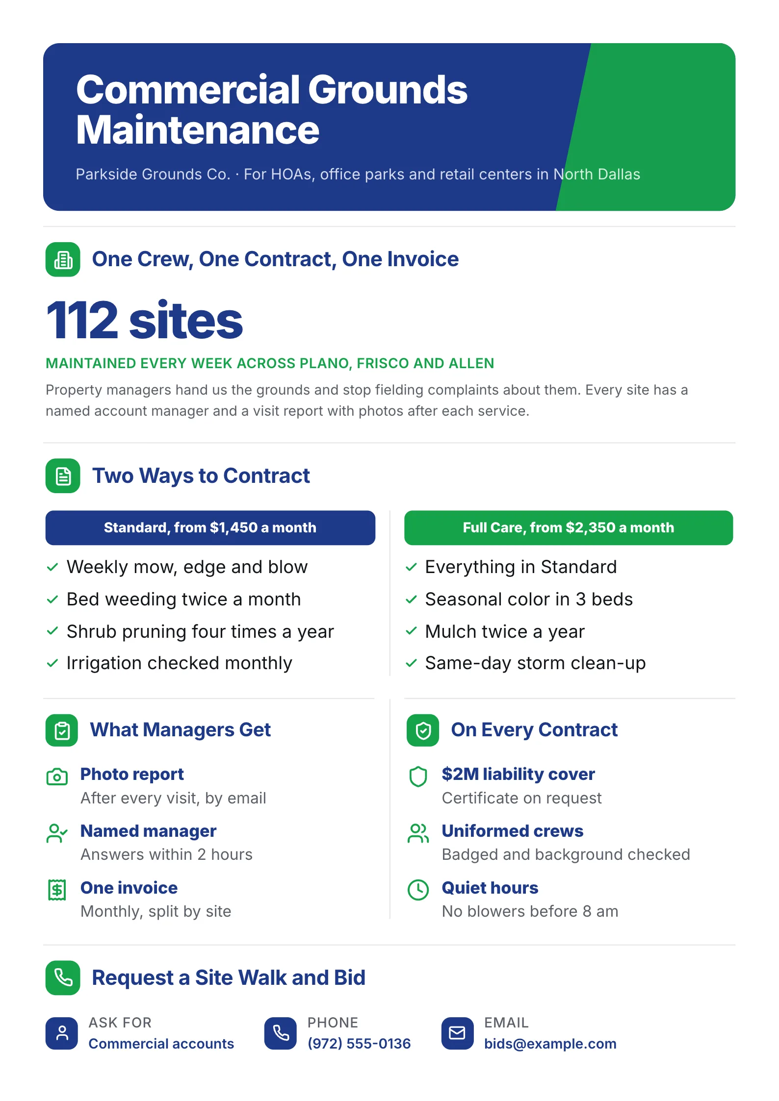 Commercial landscaping flyer with a big site count, two contract levels compared and what property managers get