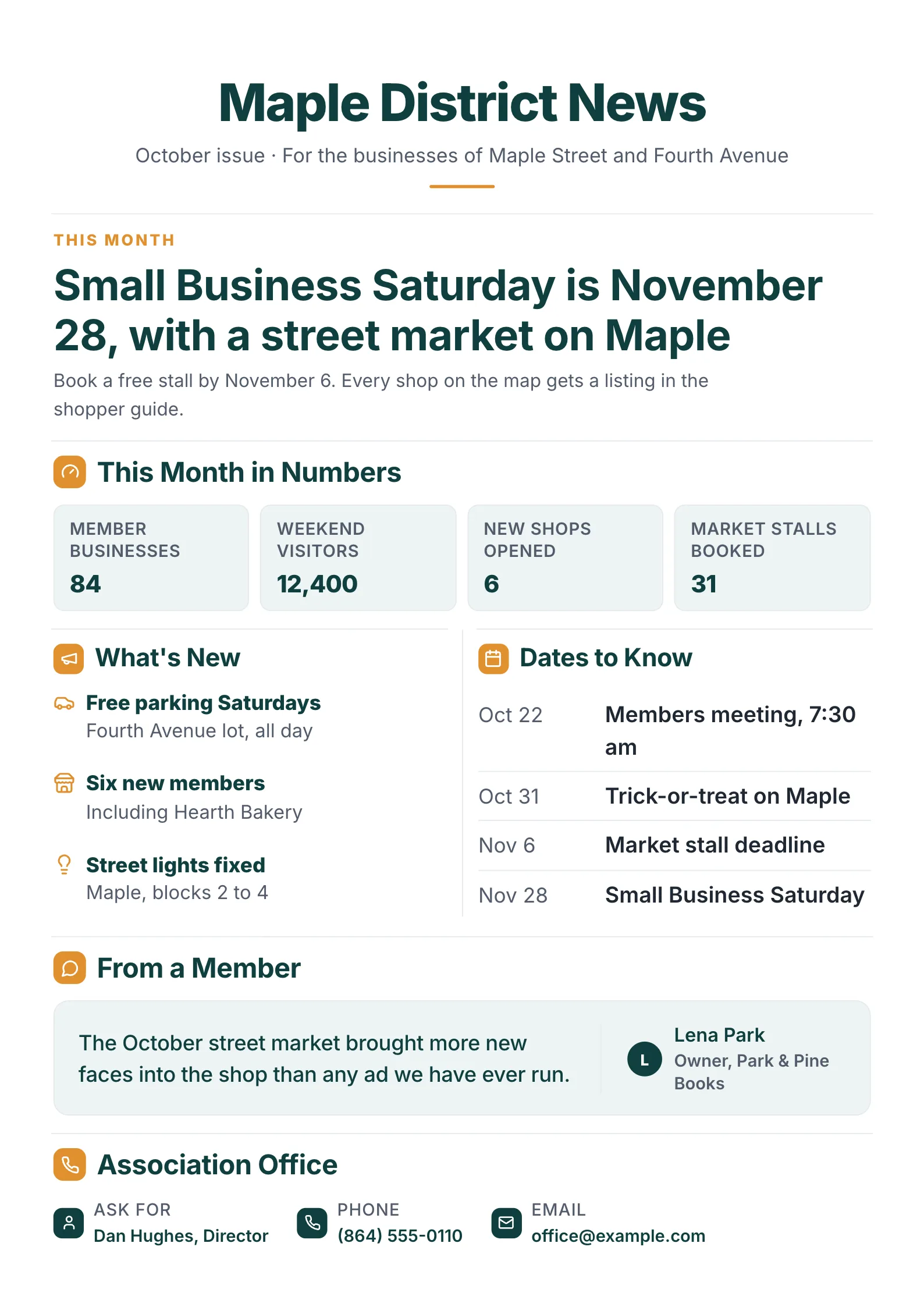 Community newsletter for a downtown business association with a lead story, monthly numbers, what's new, key dates and a contact