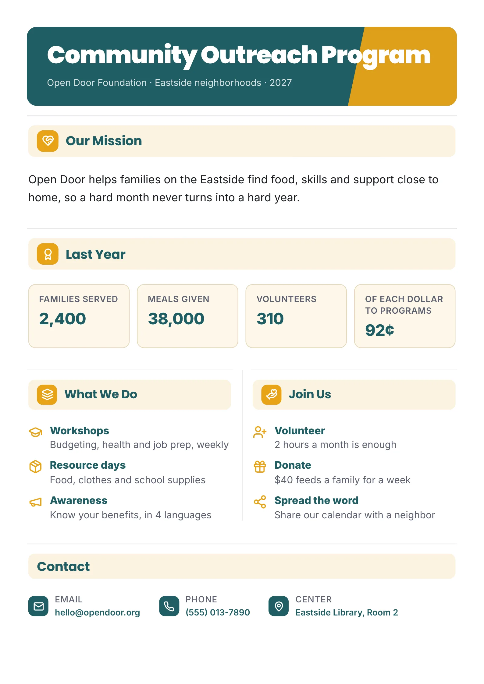Community outreach program One-Pager template for a nonprofit with its mission, last year's numbers, what the program does, three ways to join and contact details
