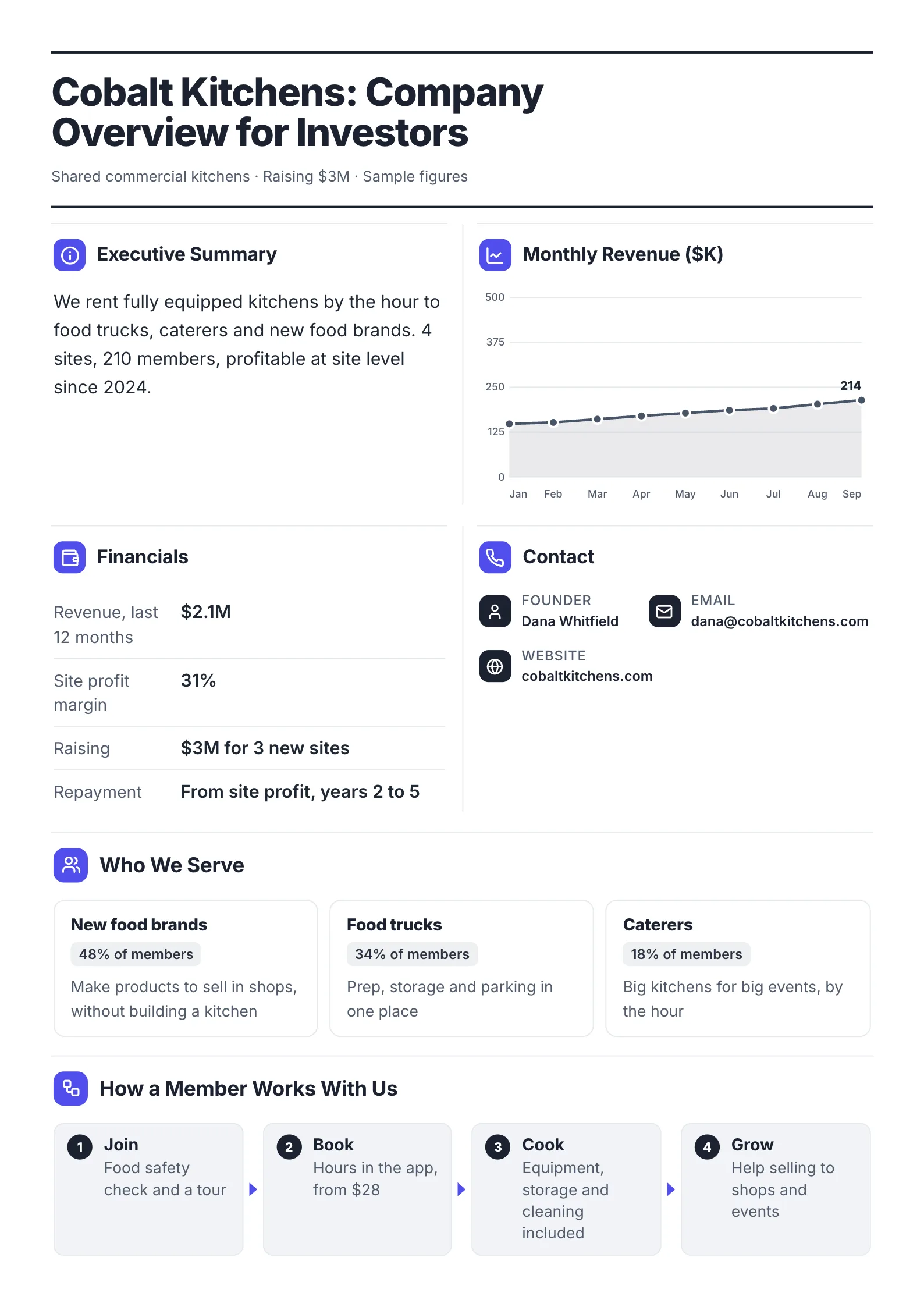 Company overview for investors One-Pager template with an executive summary, monthly revenue, financials, who it serves, how it works and a contact