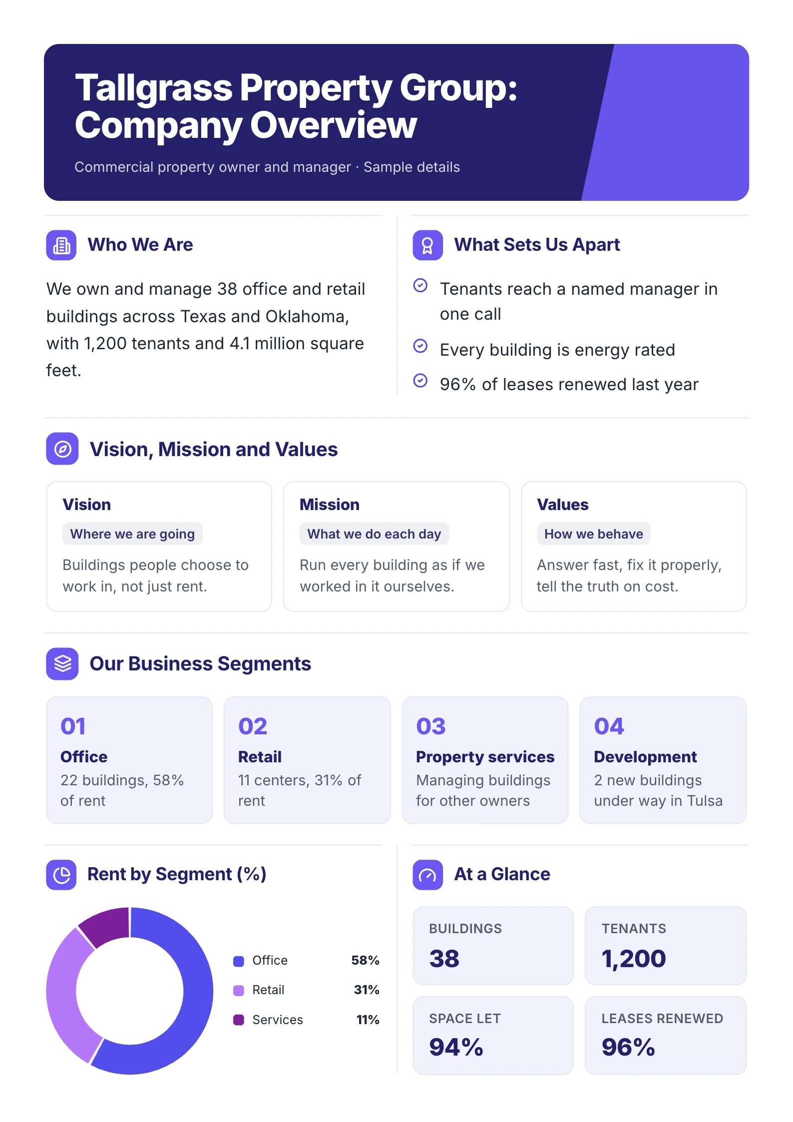 Company overview with vision and mission One-Pager template with who the company is, what sets it apart, vision, mission and values, its segments and numbers