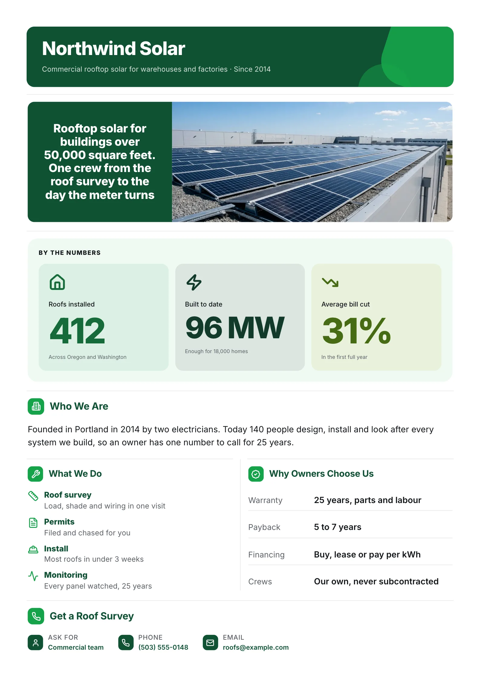 Company profile One-Pager template with a bold colour header, a full-width rooftop photo, the numbers, who you are, what you do and why buyers choose you