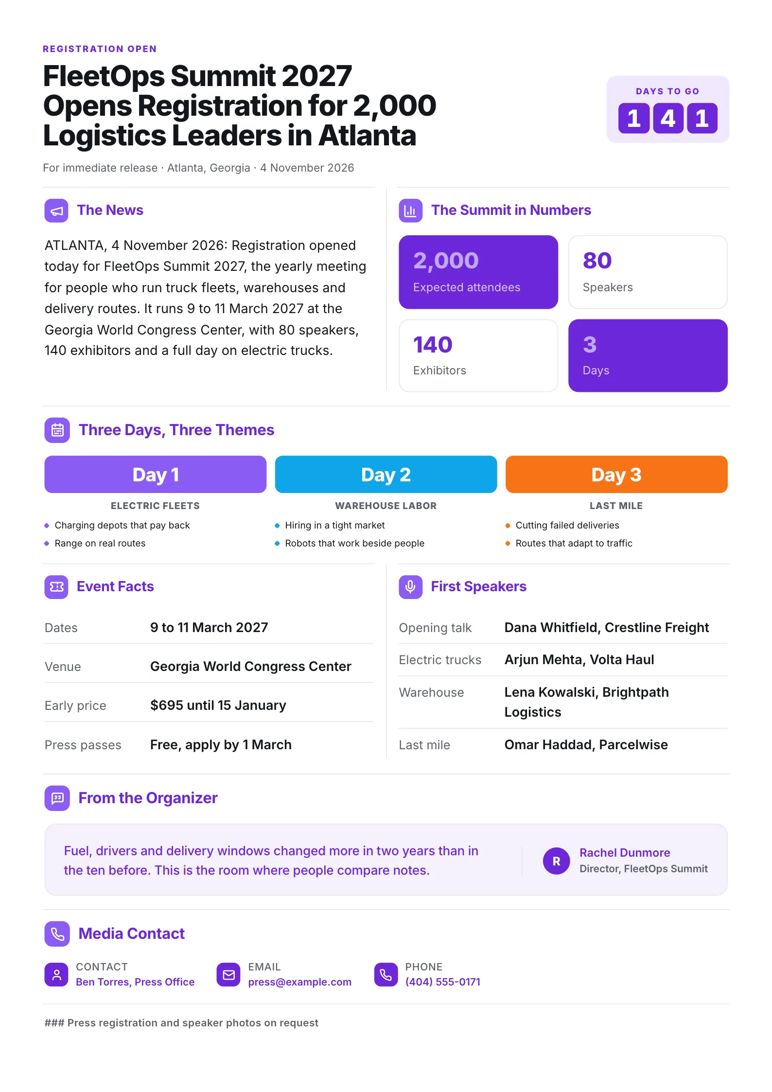 Conference announcement press release One-Pager with a countdown, event numbers, daily themes and speakers
