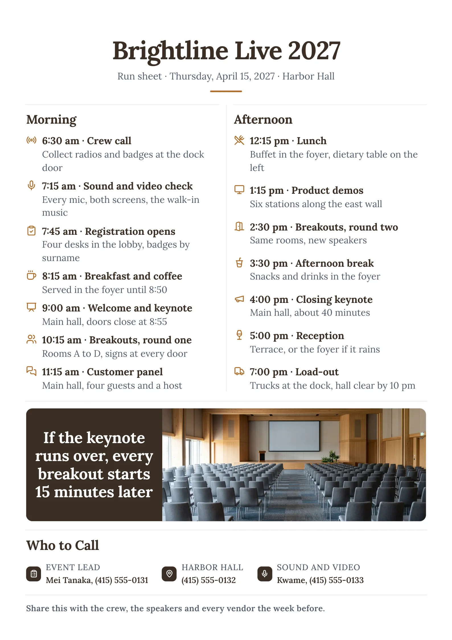 Conference day run sheet with timed morning and afternoon cues, a photo of the empty hall before doors open and the event contacts