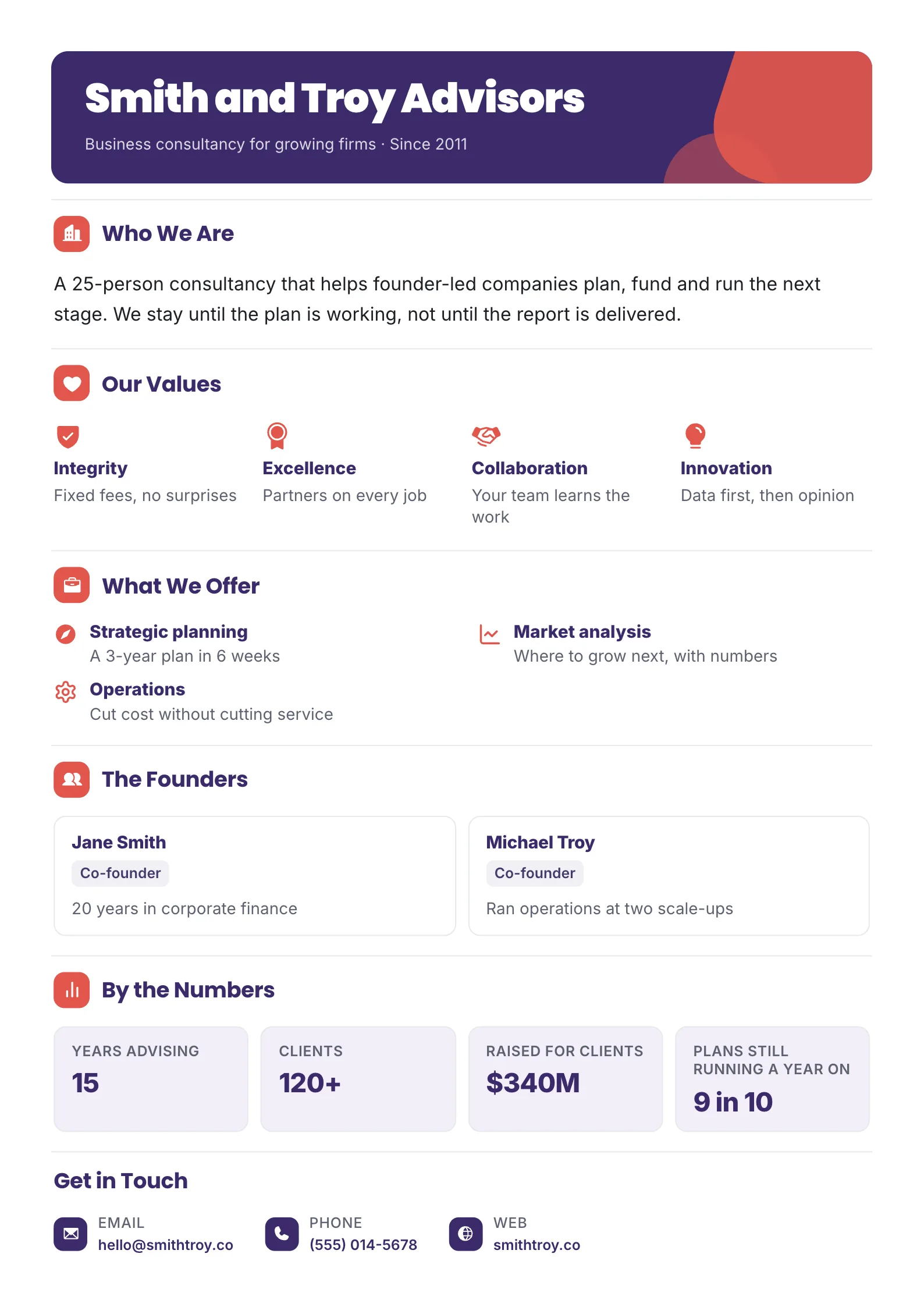 Company profile One-Pager template for a business consultancy with who we are, four values, what we offer, two founder cards, four numbers and contact details