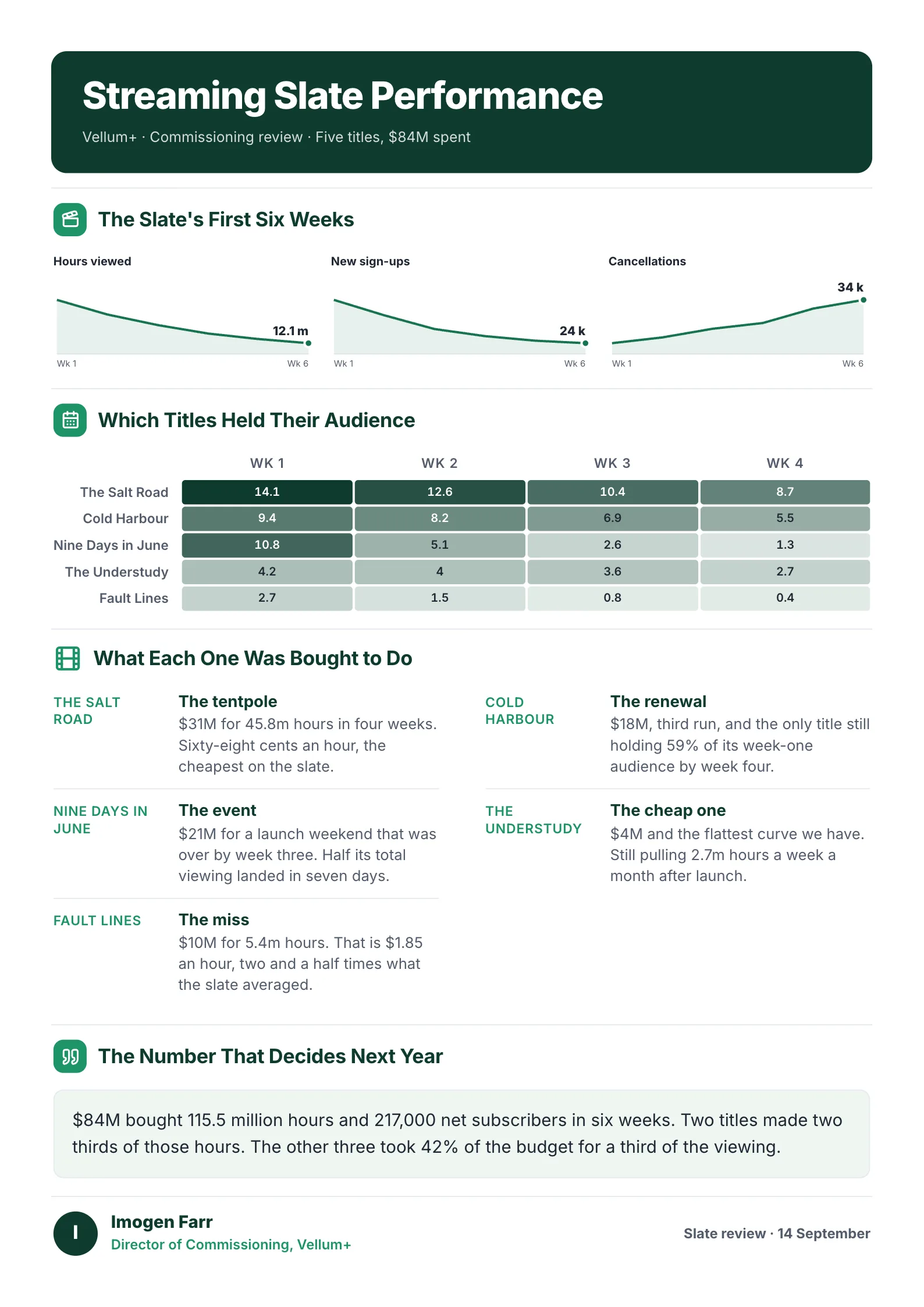 Streaming content performance review One-Pager example with small charts for each title, an audience heat map and title profiles