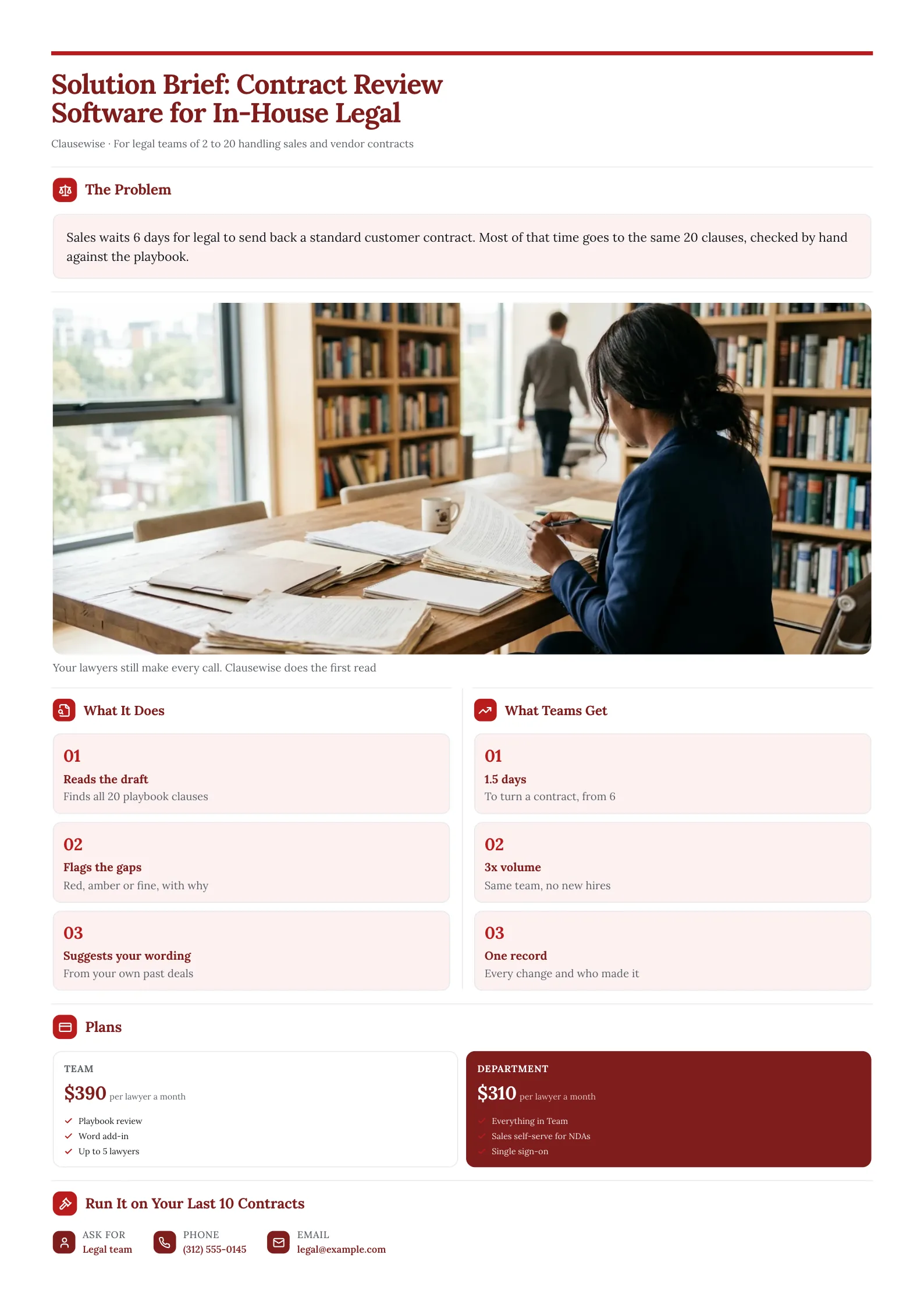 Solution brief One-Pager for contract review software with a law library photo and two numbered lists