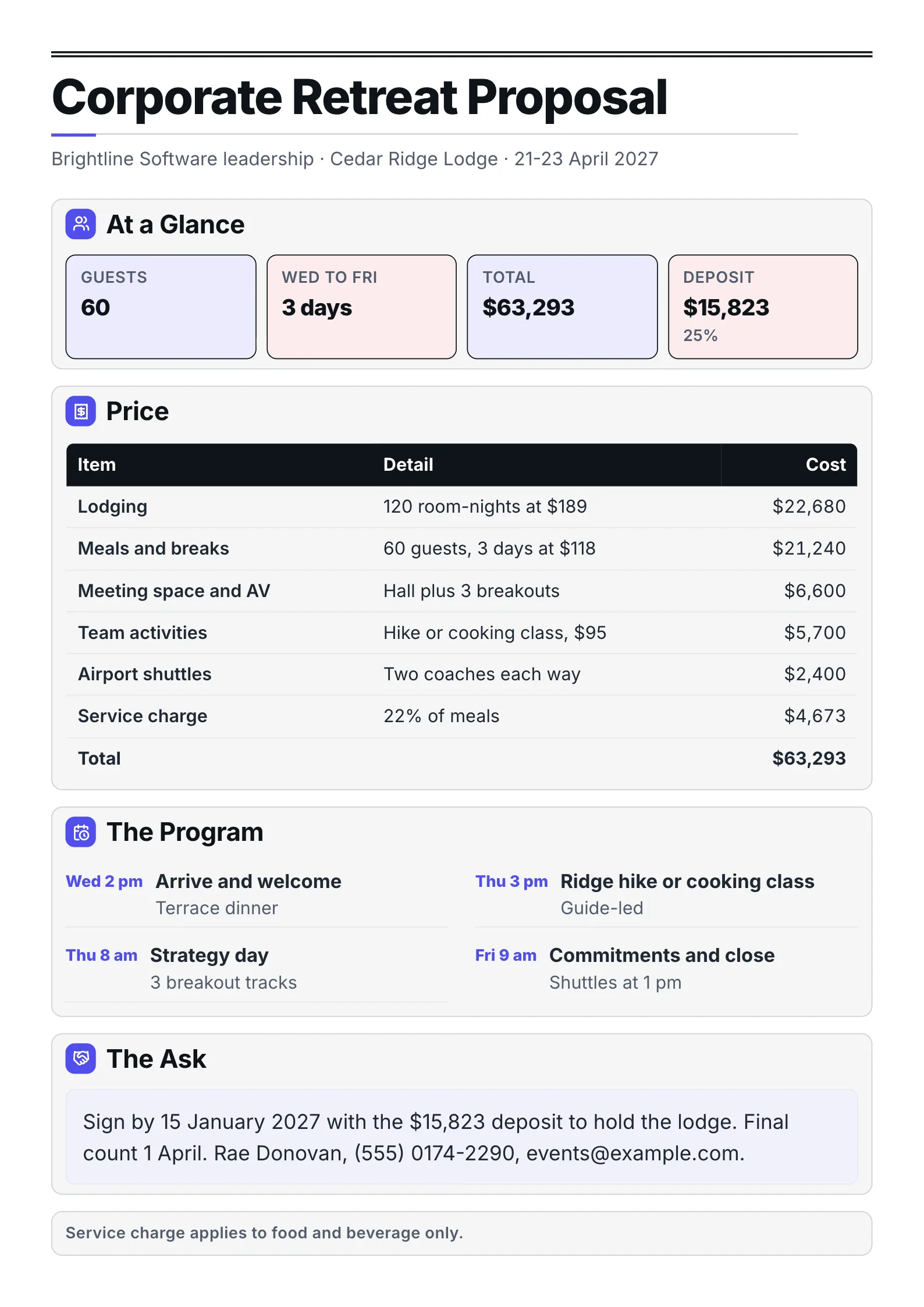 Leadership retreat proposal with number tiles, itemized price table, program agenda and the ask