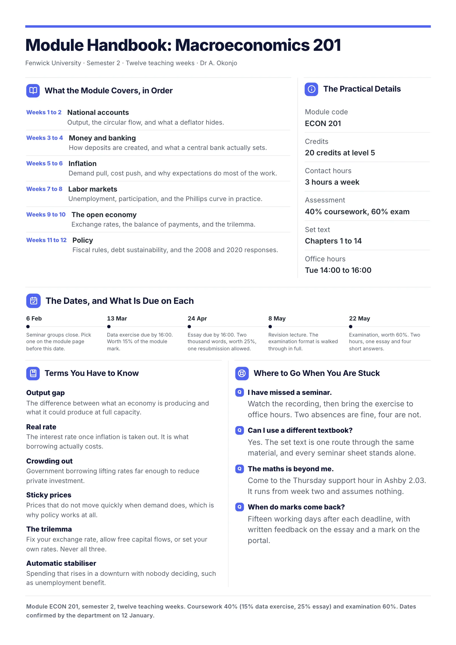 Course syllabus One-Pager example with a week by week agenda, key dates, deadlines, key terms and where to get help