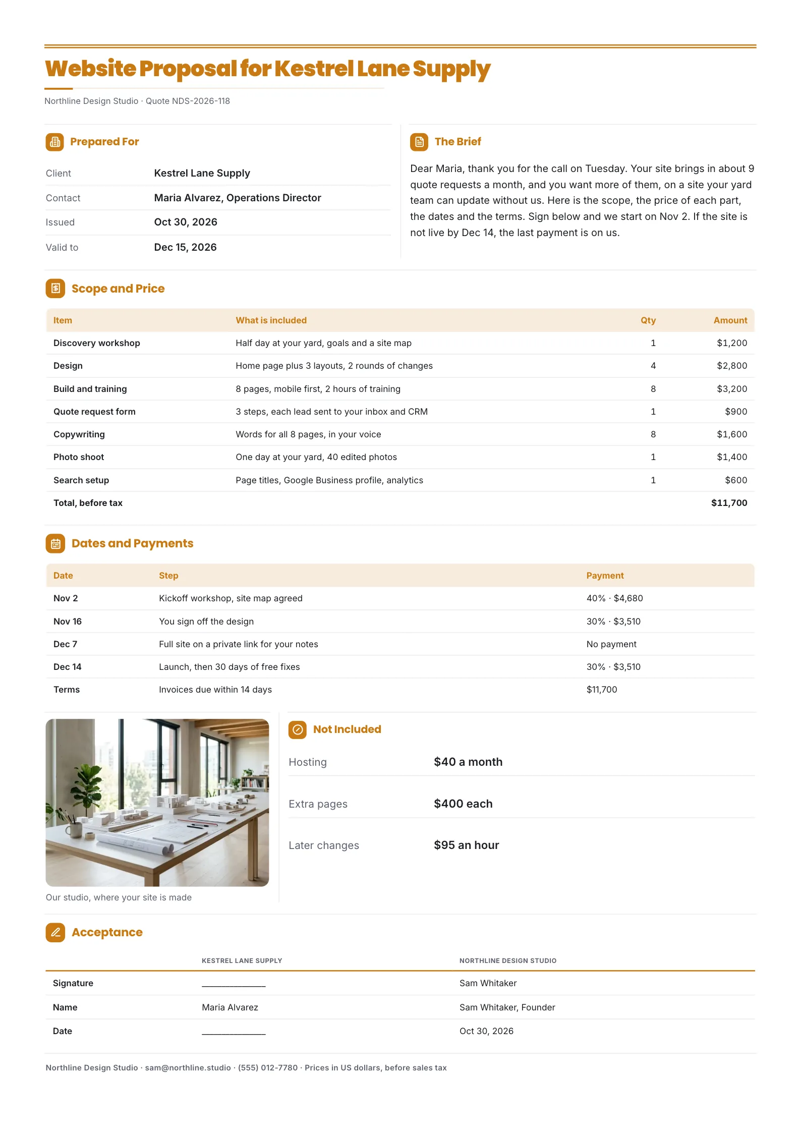 Customer offer One-Pager template from a design studio with the client brief, a scope and price table, a timeline, payment terms, what is not included and a signature block