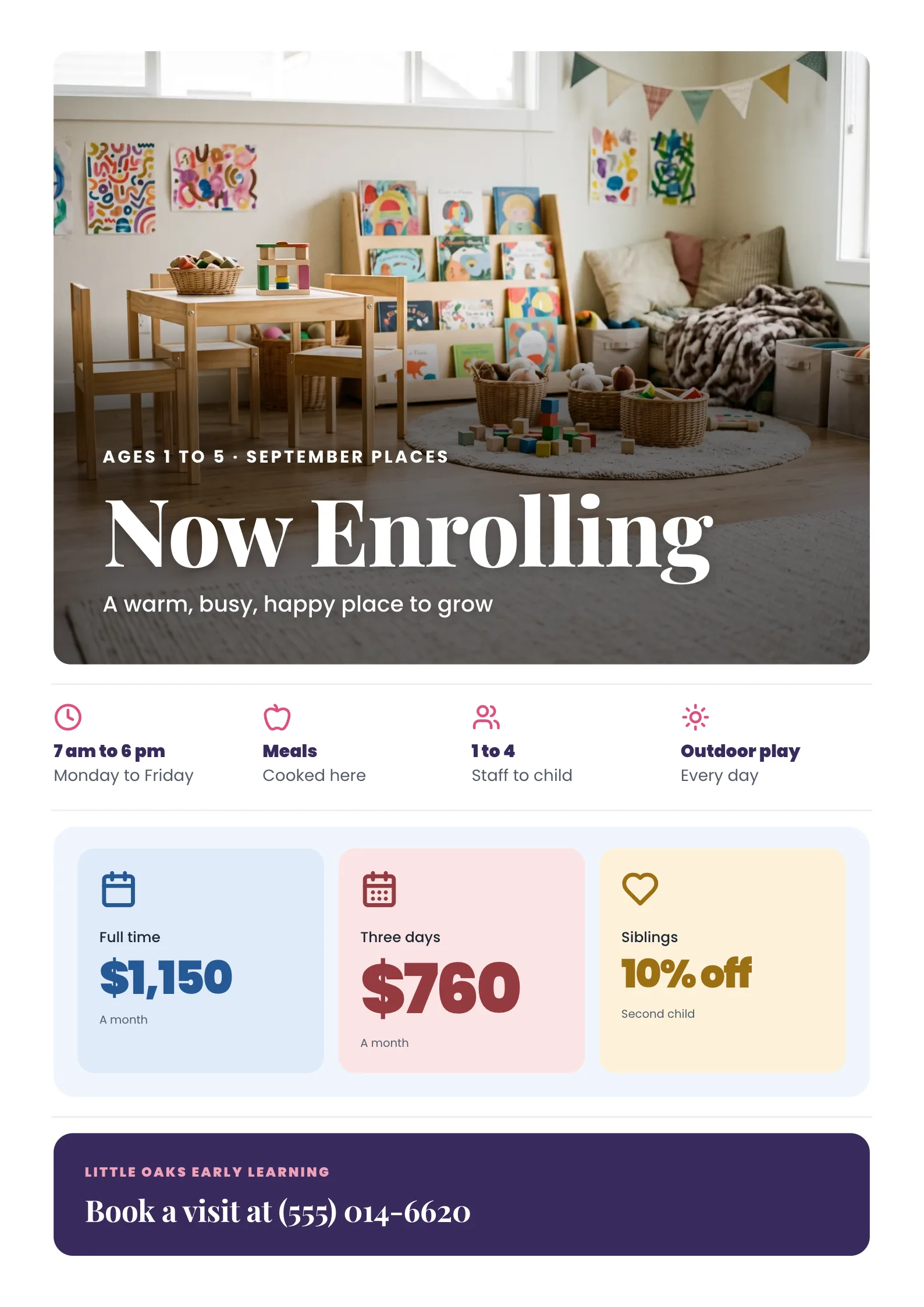Daycare Enrolment Flyer with a cheerful daycare play corner with wooden blocks, a small table and chairs and picture books