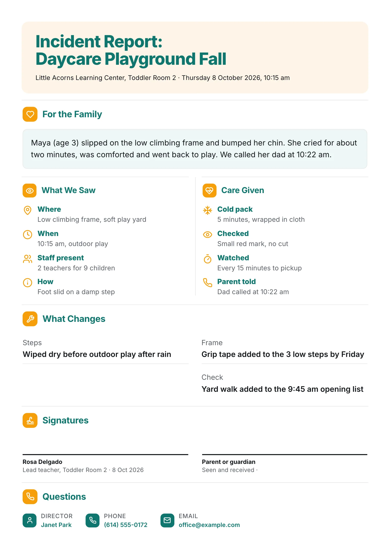Daycare playground fall incident report One-Pager with care given, changes and parent signature