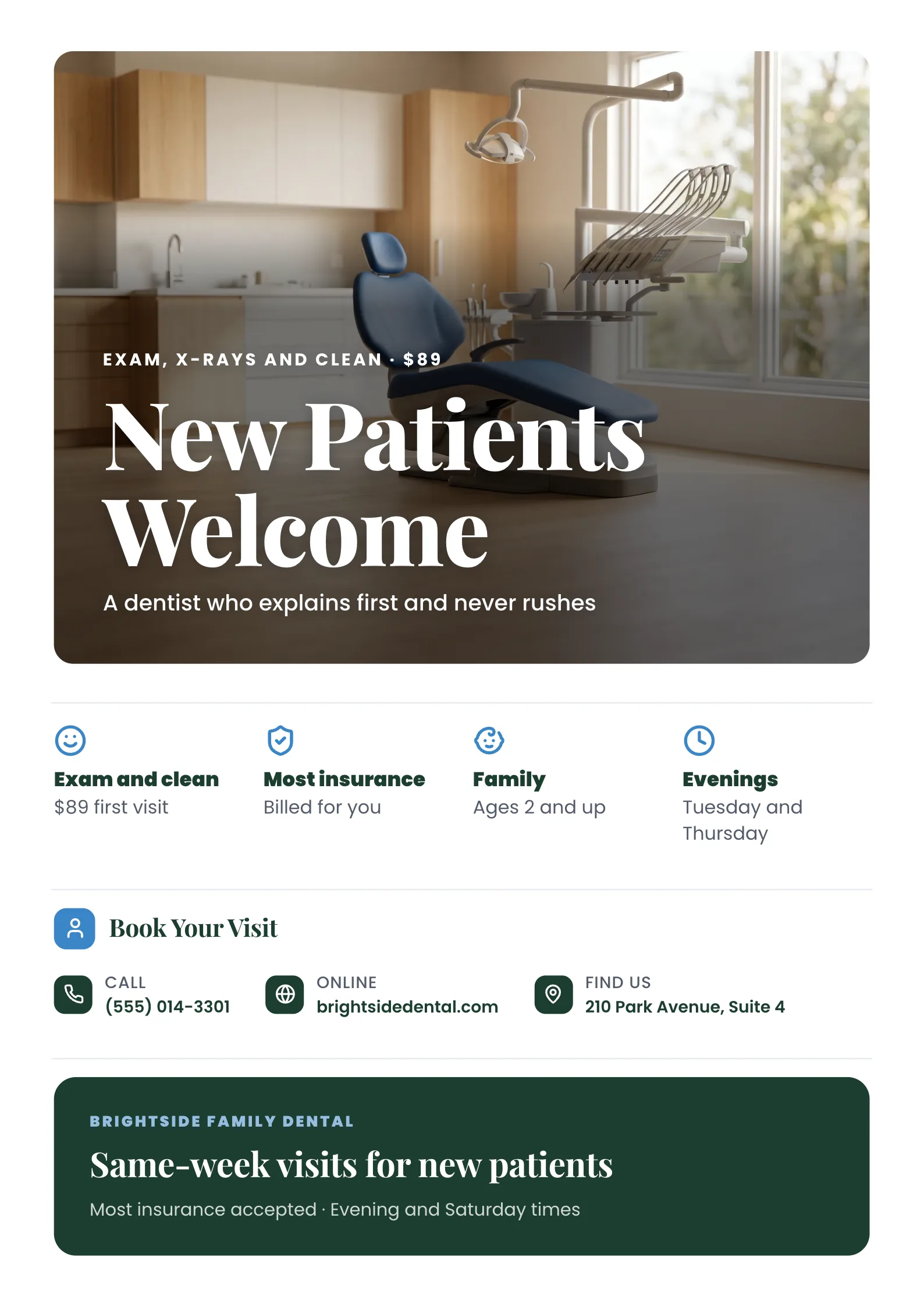 Dental Clinic Flyer with a modern bright dental treatment room with a blue patient chair and a window
