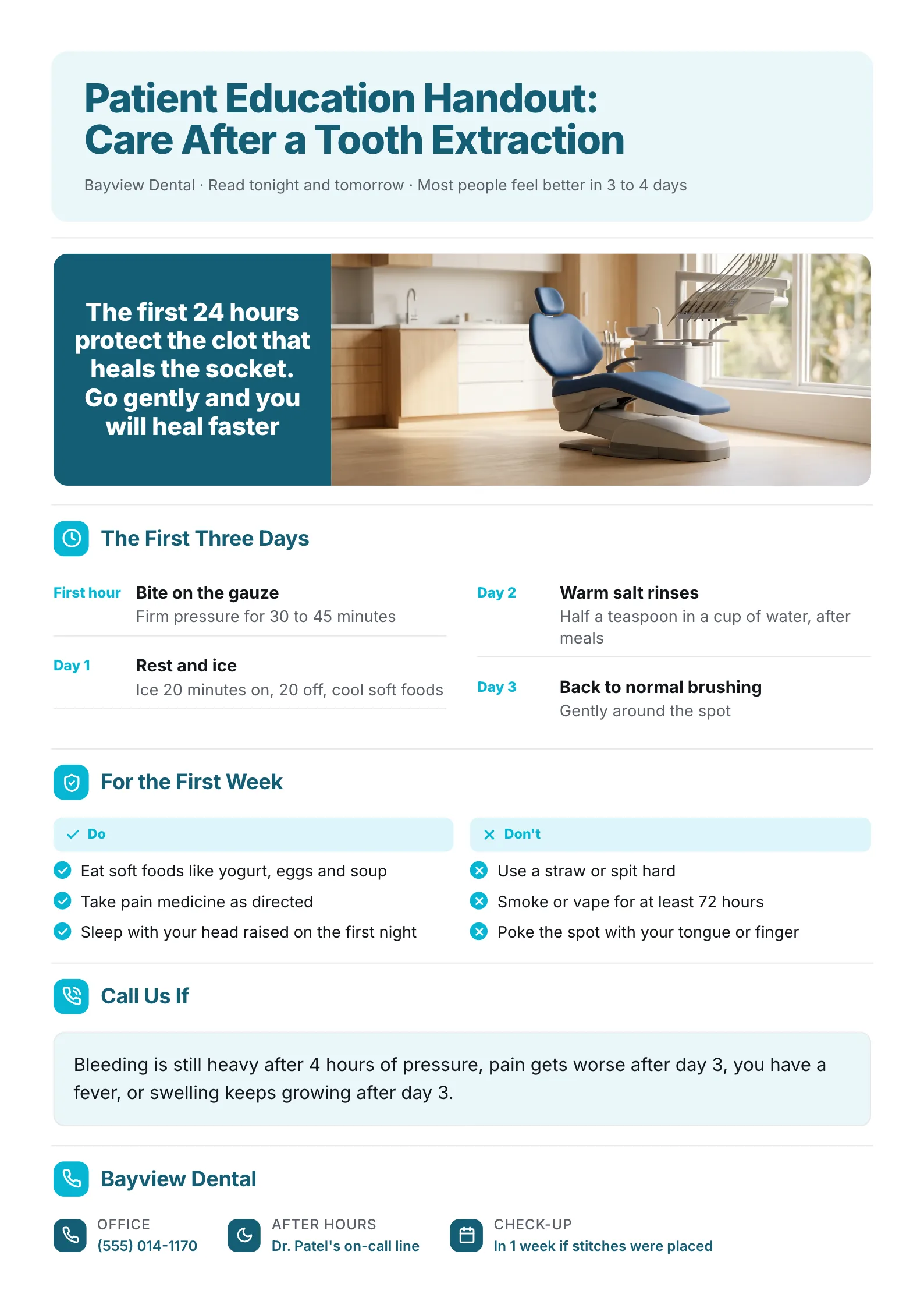 Dental aftercare patient education handout One-Pager with a treatment room photo, first three days and a do and don't list