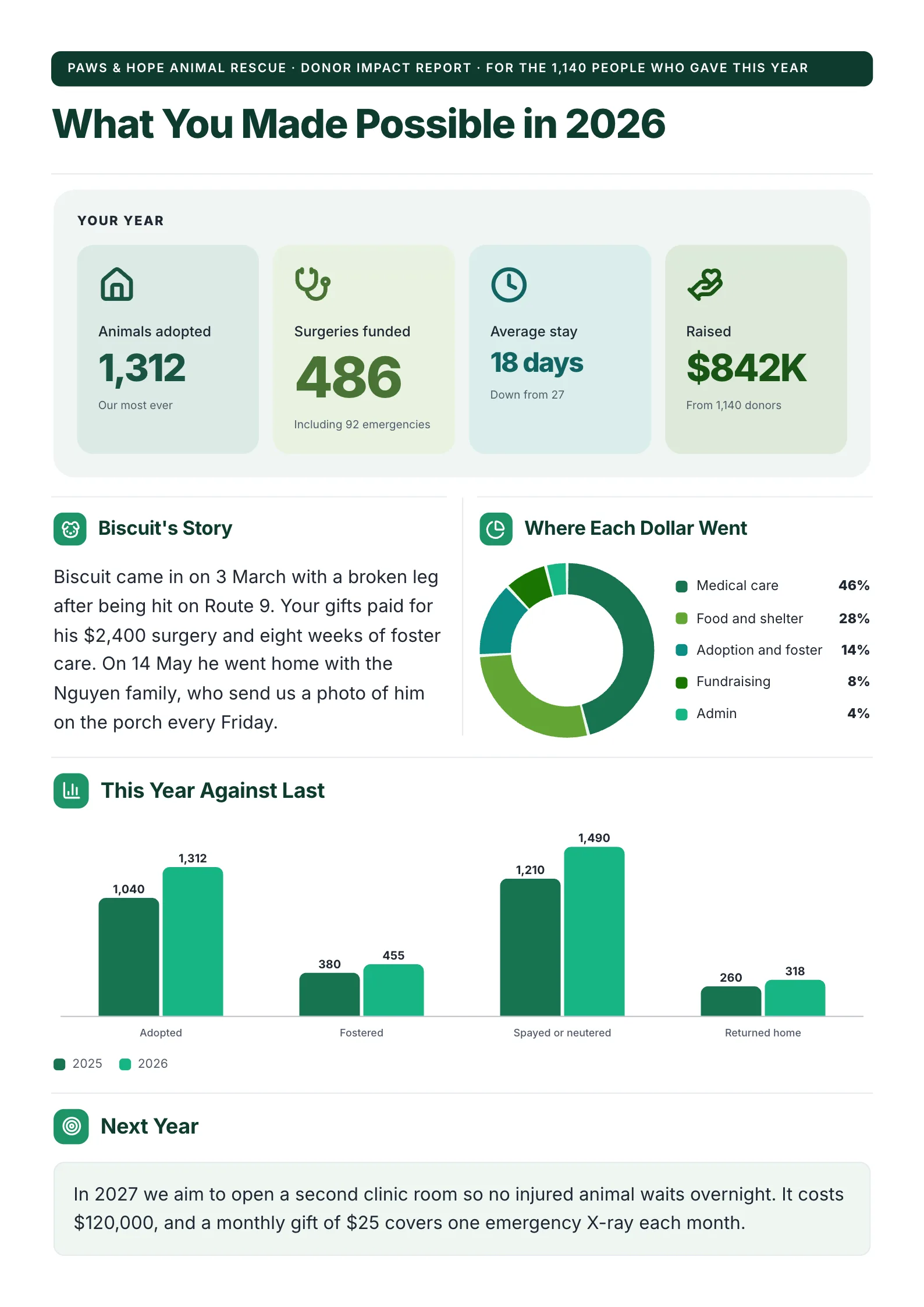 Donor impact report with the year in four numbers, a rescue story, a spending donut and results against last year