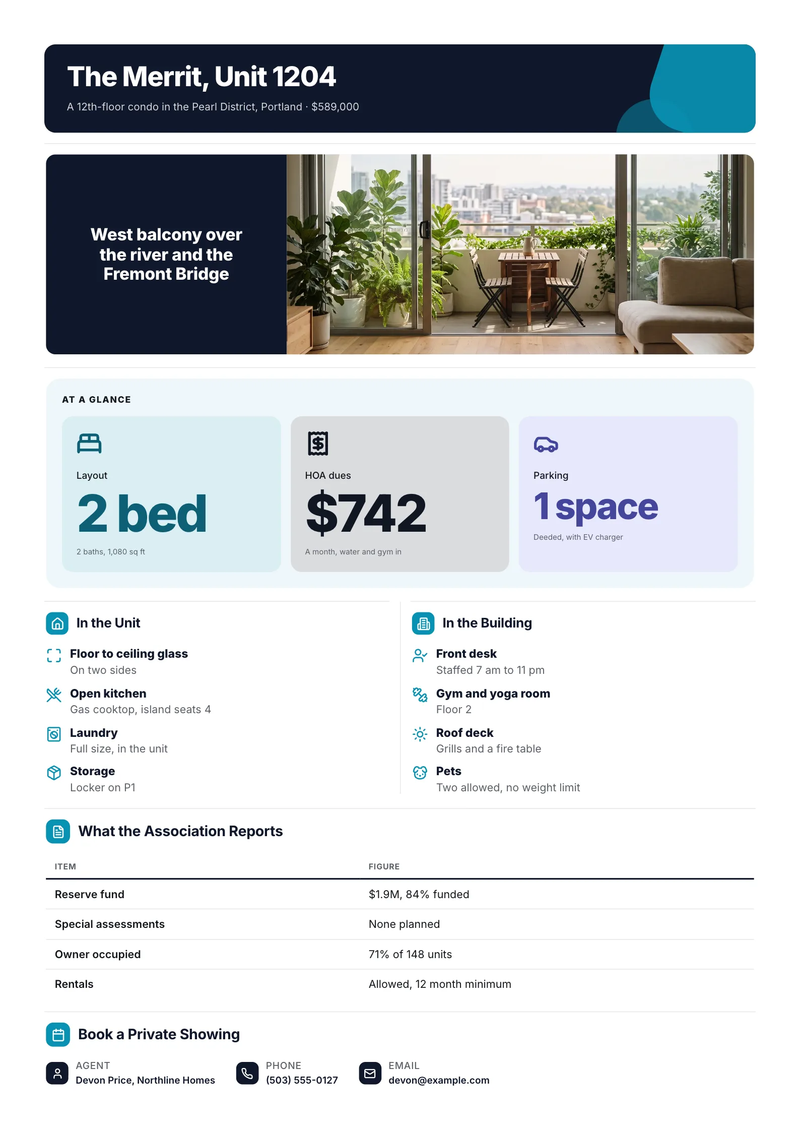 Property fact sheet for a downtown condo with a balcony photo, HOA dues, unit and building features and reserves