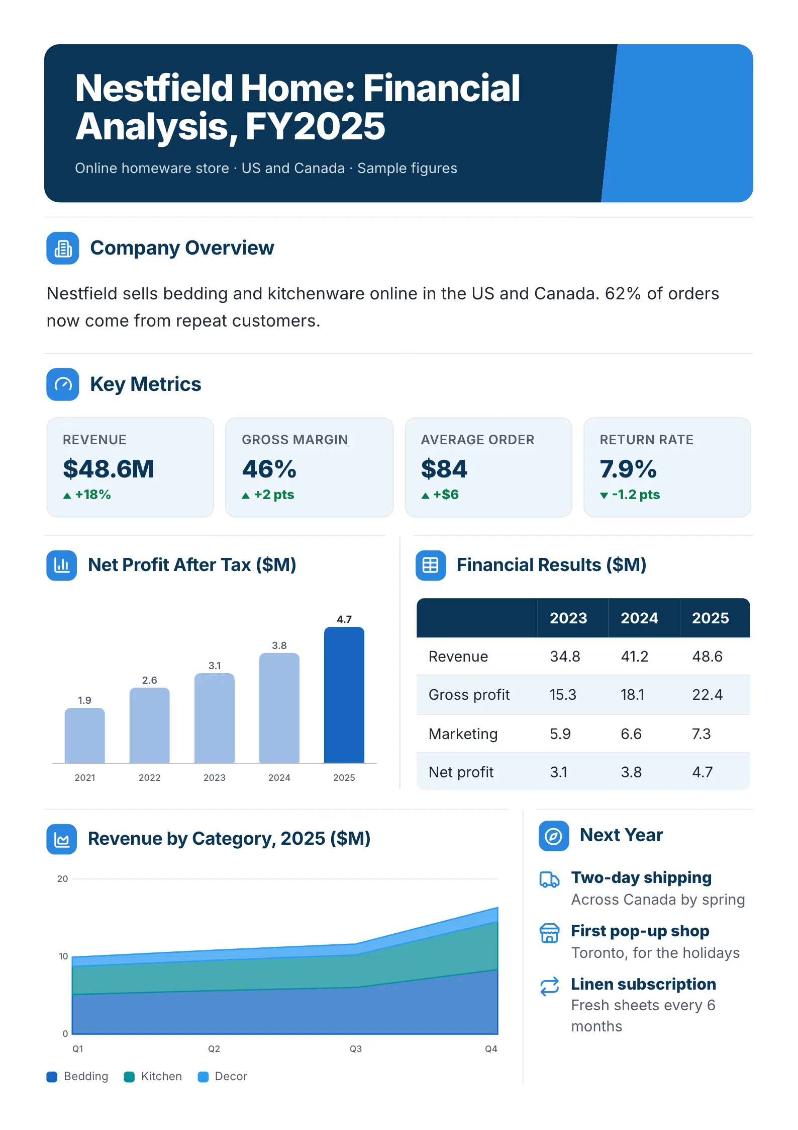 E-commerce financial analysis One-Pager template with key metrics, net profit after tax, financial results, revenue by category and next year's plans