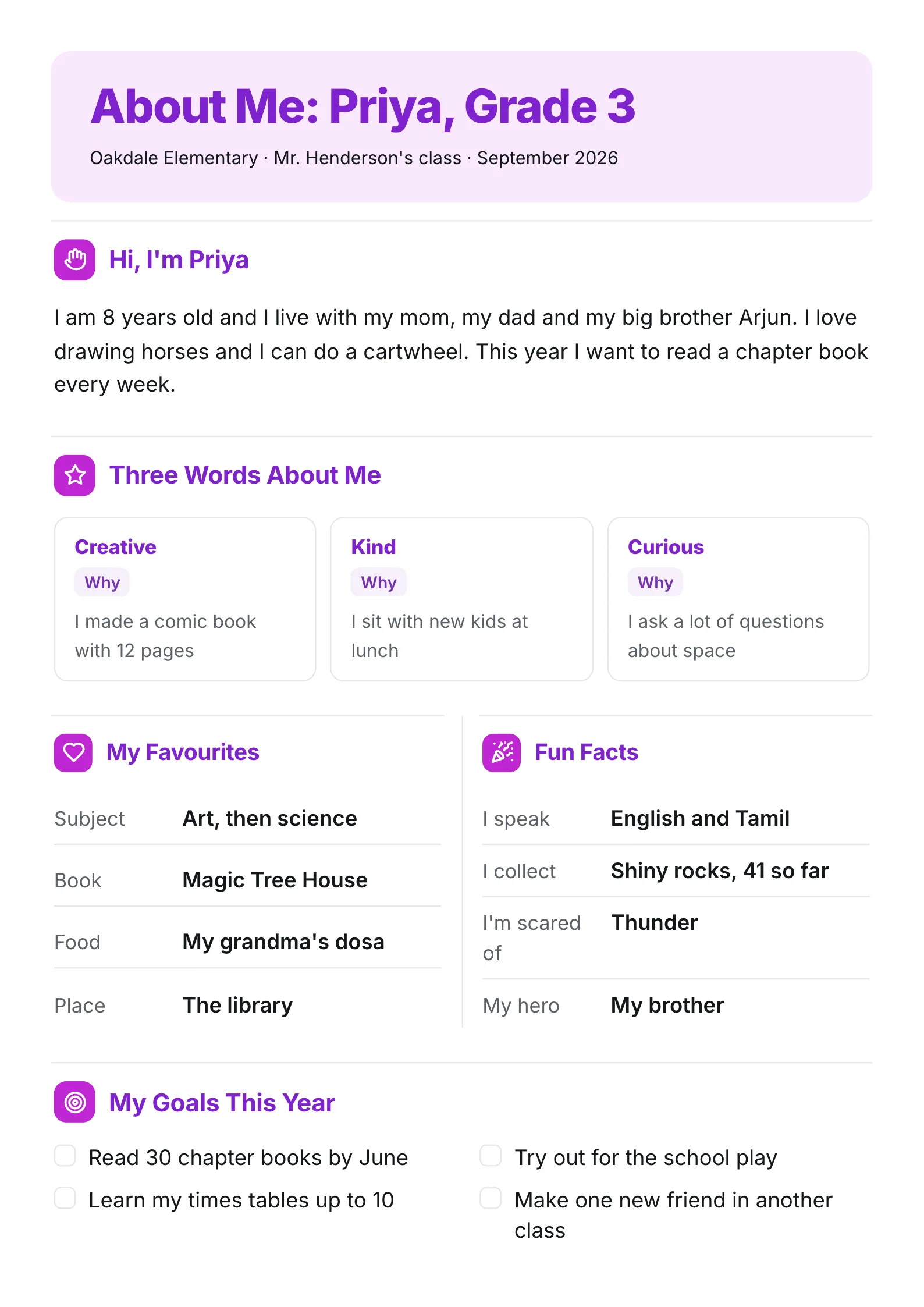 Grade 3 about me One-Pager with three describing words, favourites, fun facts and goals for the year