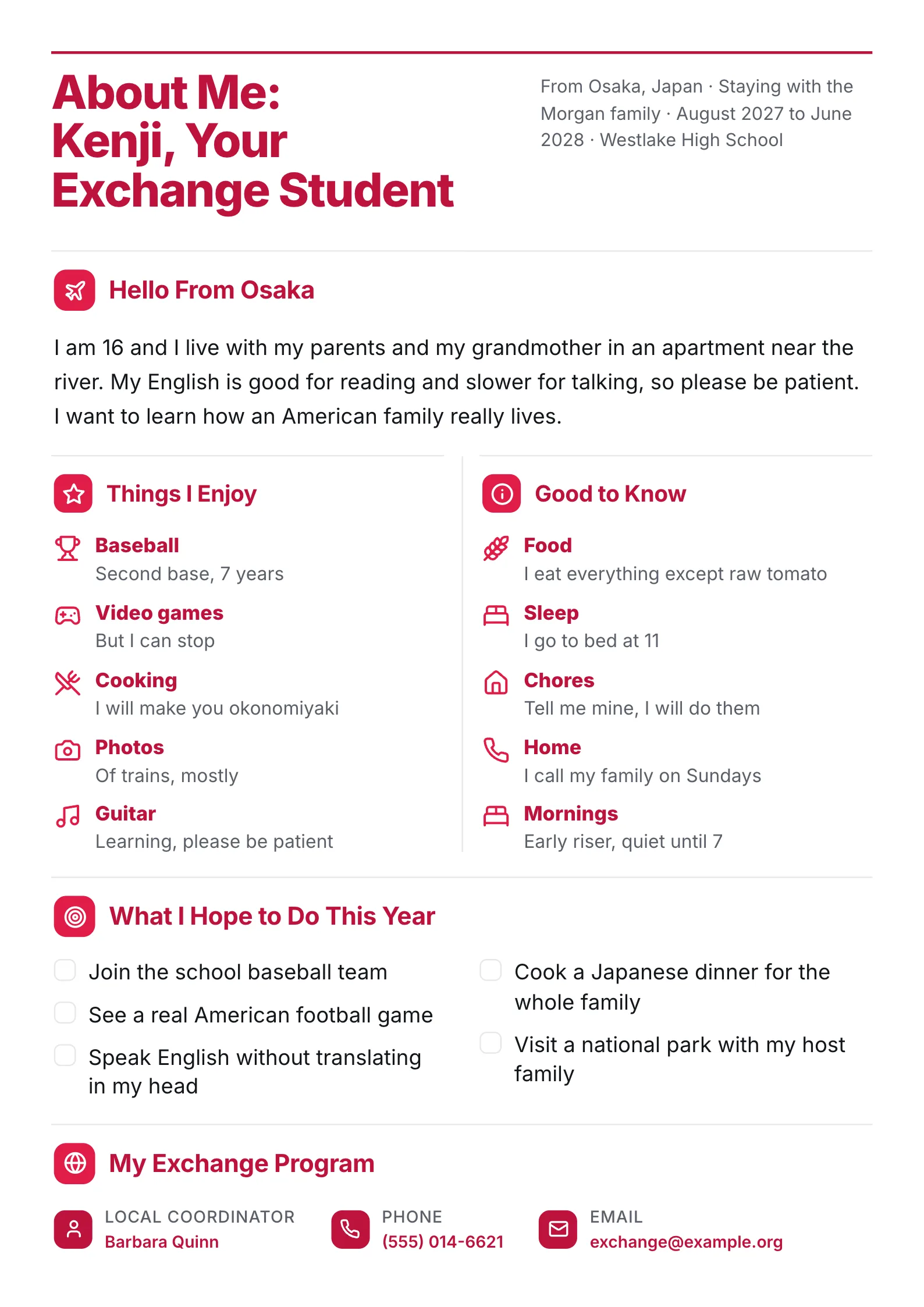 Exchange student about me One-Pager with hobbies, good-to-know facts and goals for the year