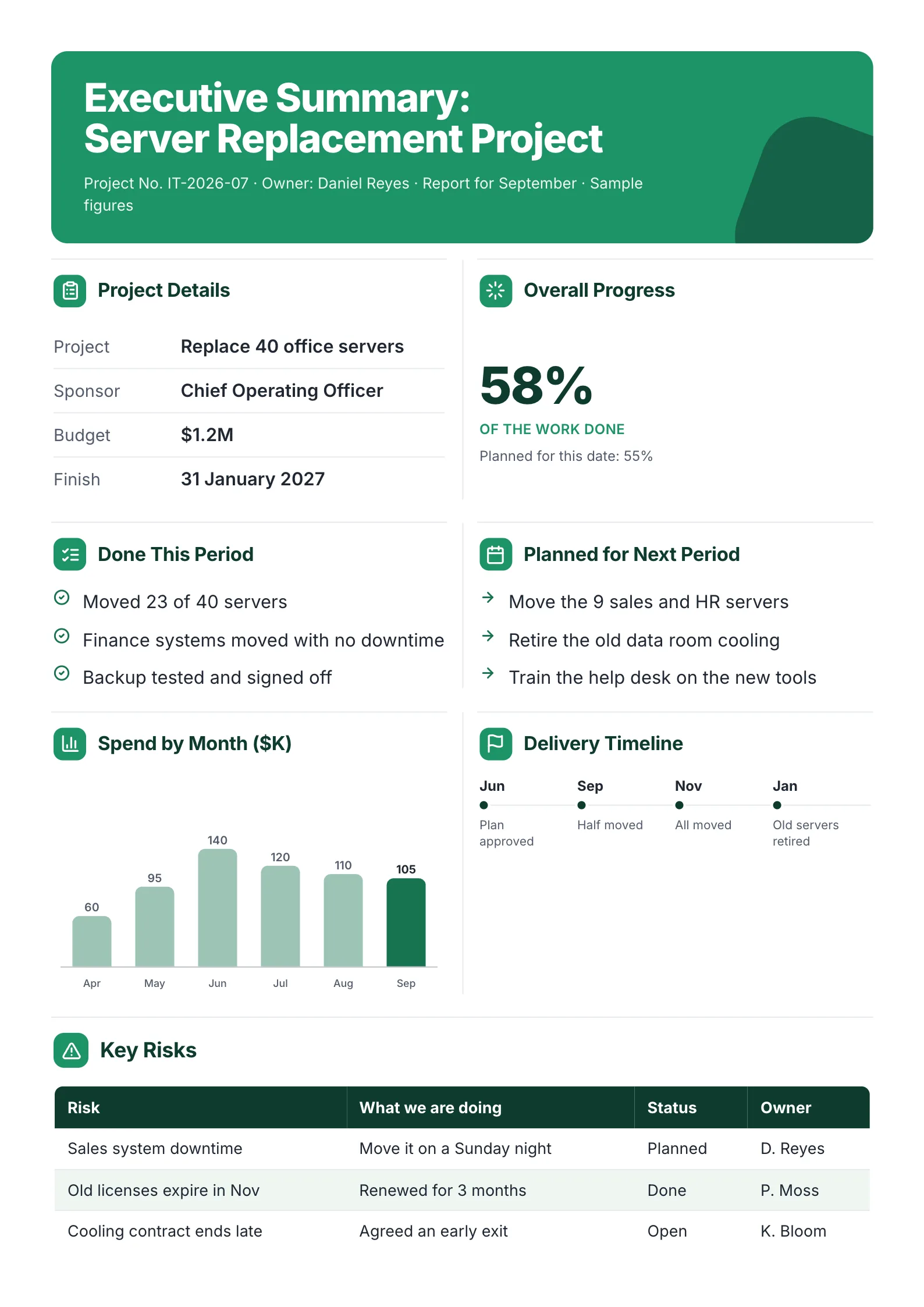Executive summary of a project report One-Pager template with project details, overall progress, done and planned work, spend by month, delivery timeline and risks