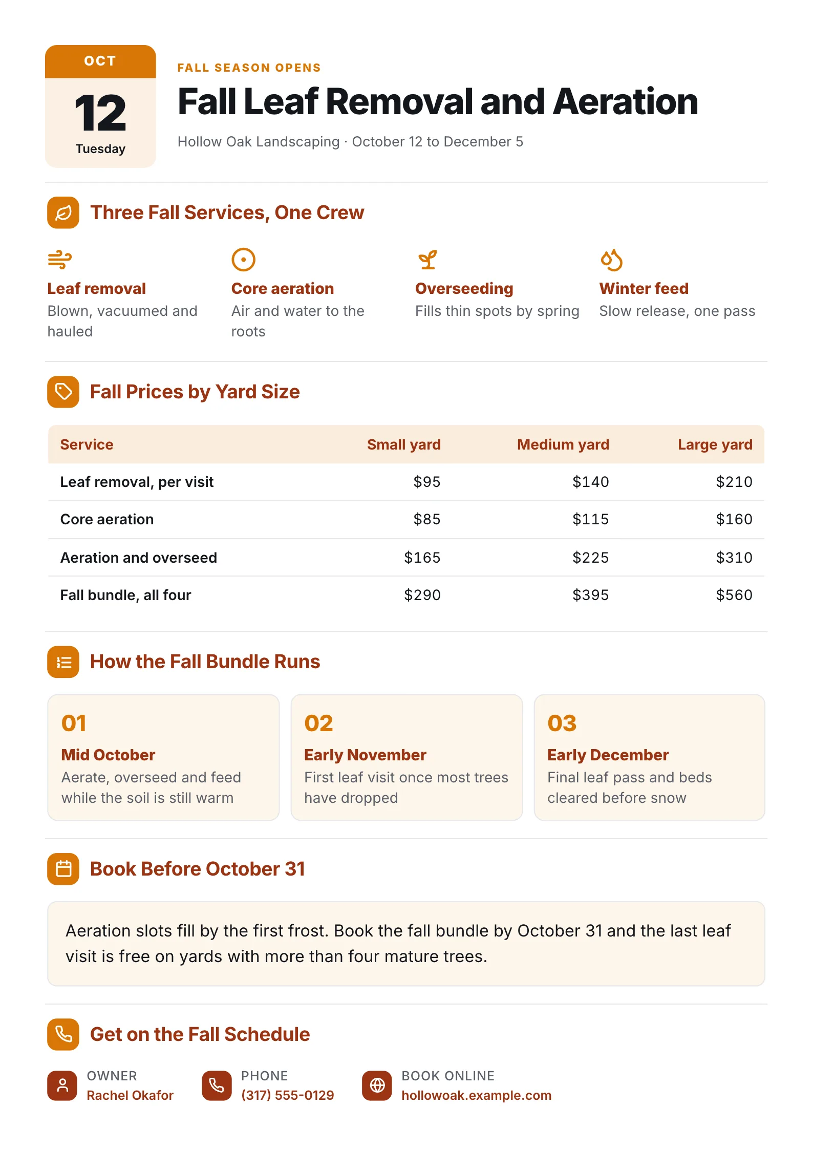 Landscaping flyer for fall leaf removal and aeration with four services, a price table by yard size and a schedule