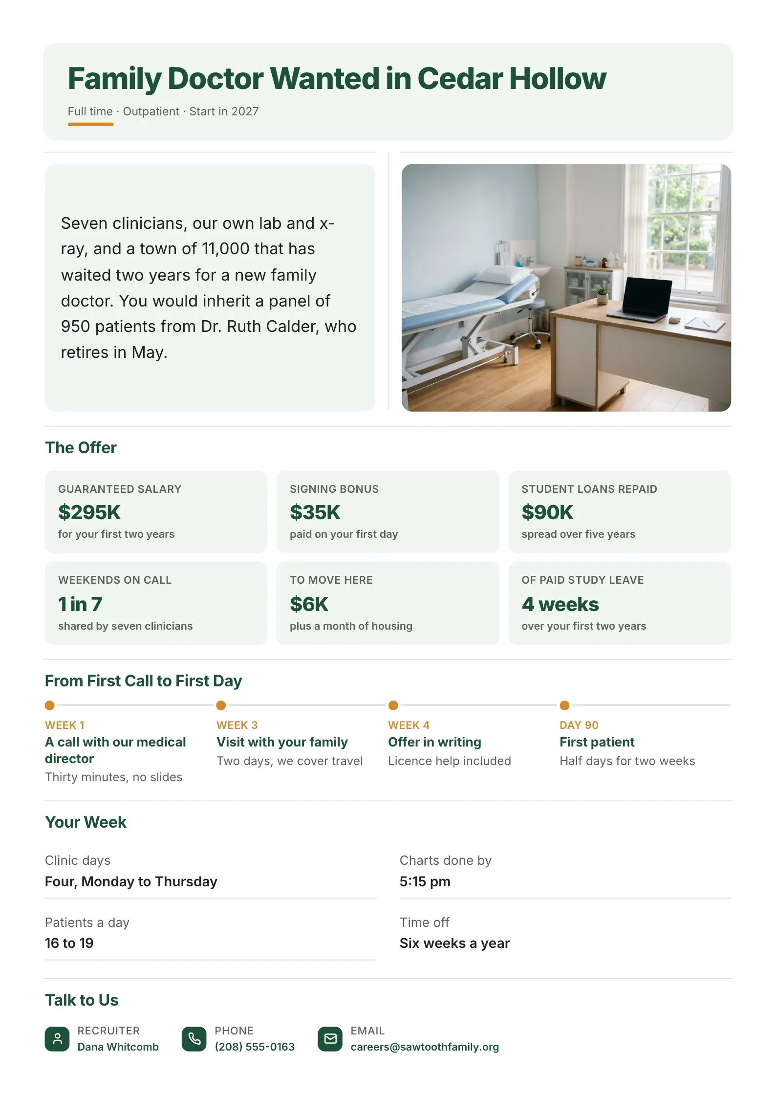Physician recruitment One-Pager template with a clinic room photo, the practice and town, the salary and signing offer, steps from first call to first day, a typical week and the recruiter