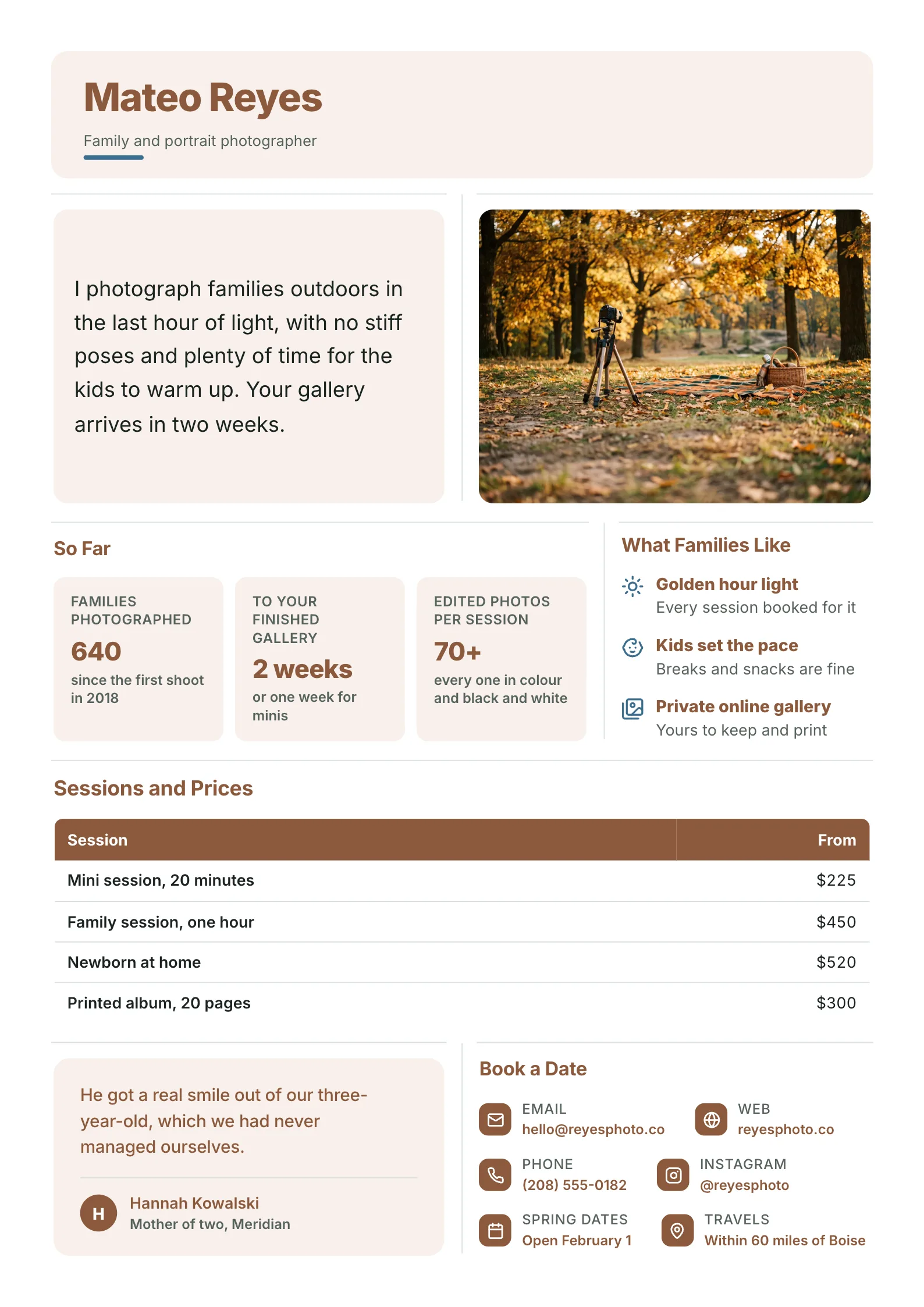 Photographer profile One-Pager template with an autumn session photo, the photographer's style, families photographed and turnaround, what families like, a price table, a client quote and booking