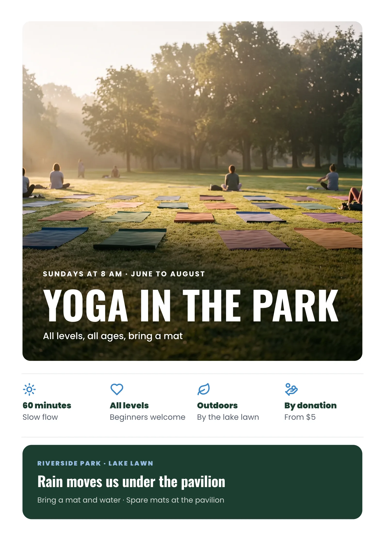 Fitness Class Poster with colourful yoga mats laid out in rows on the grass of a park at sunrise