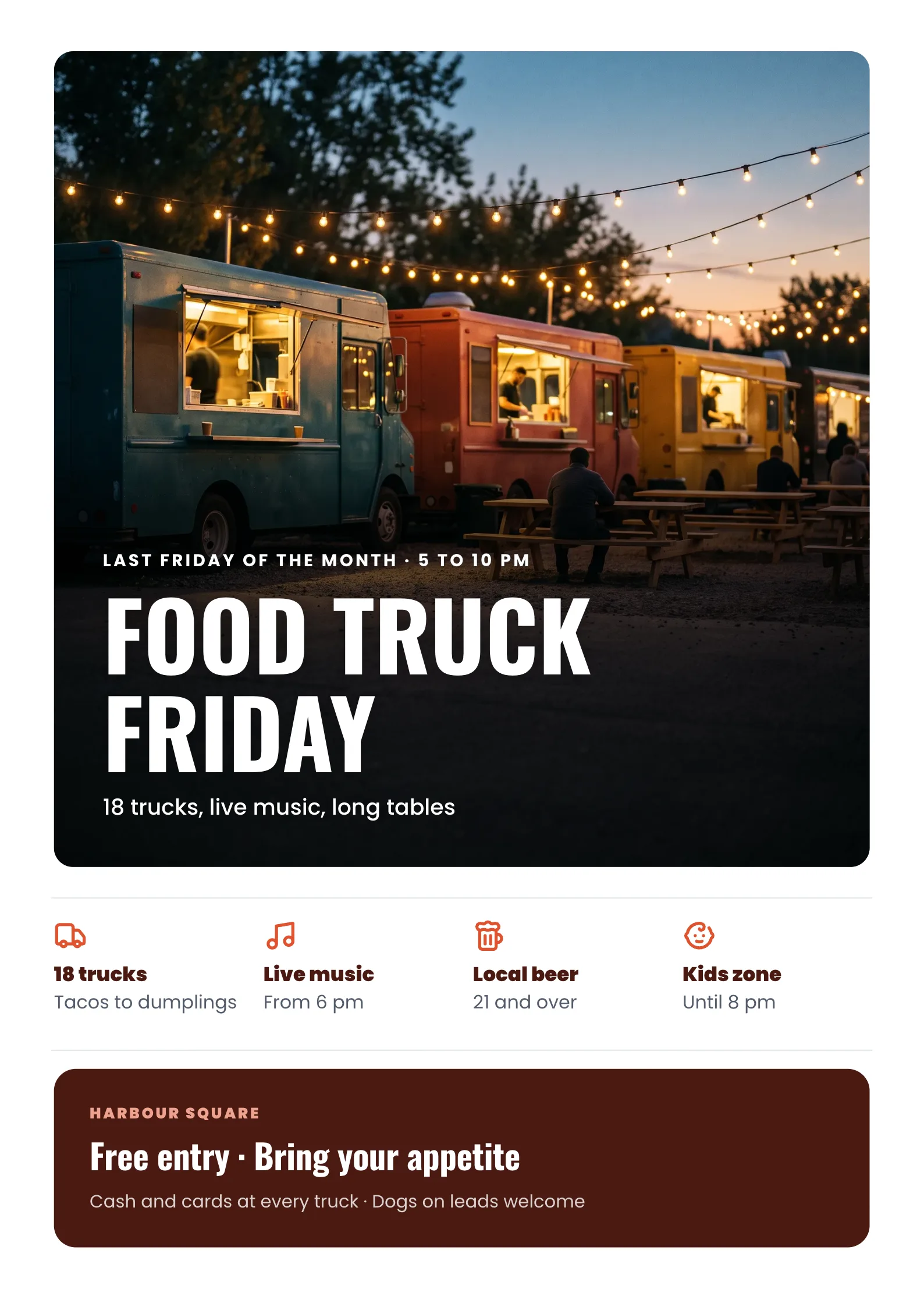 Food Festival Poster with a row of colourful food trucks with string lights at dusk and picnic tables in front
