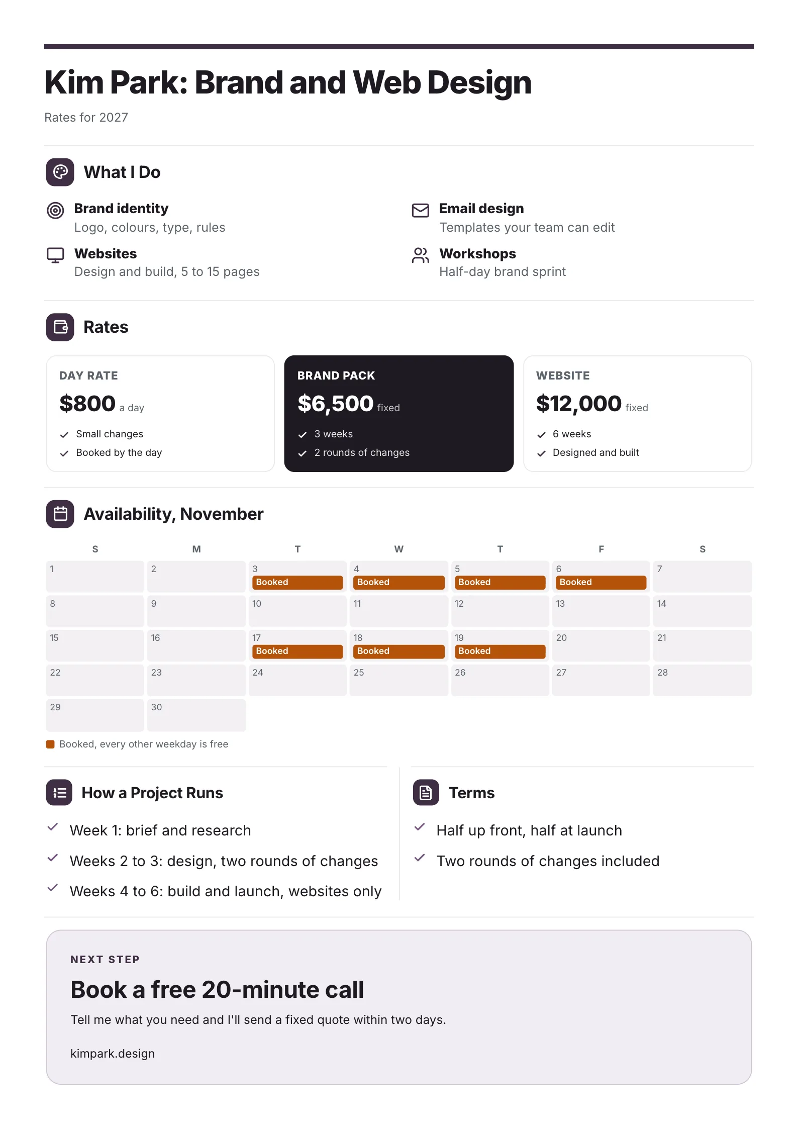 Freelancer rate card One-Pager template with the services offered, the rates, a calendar of availability, how a project runs and the terms