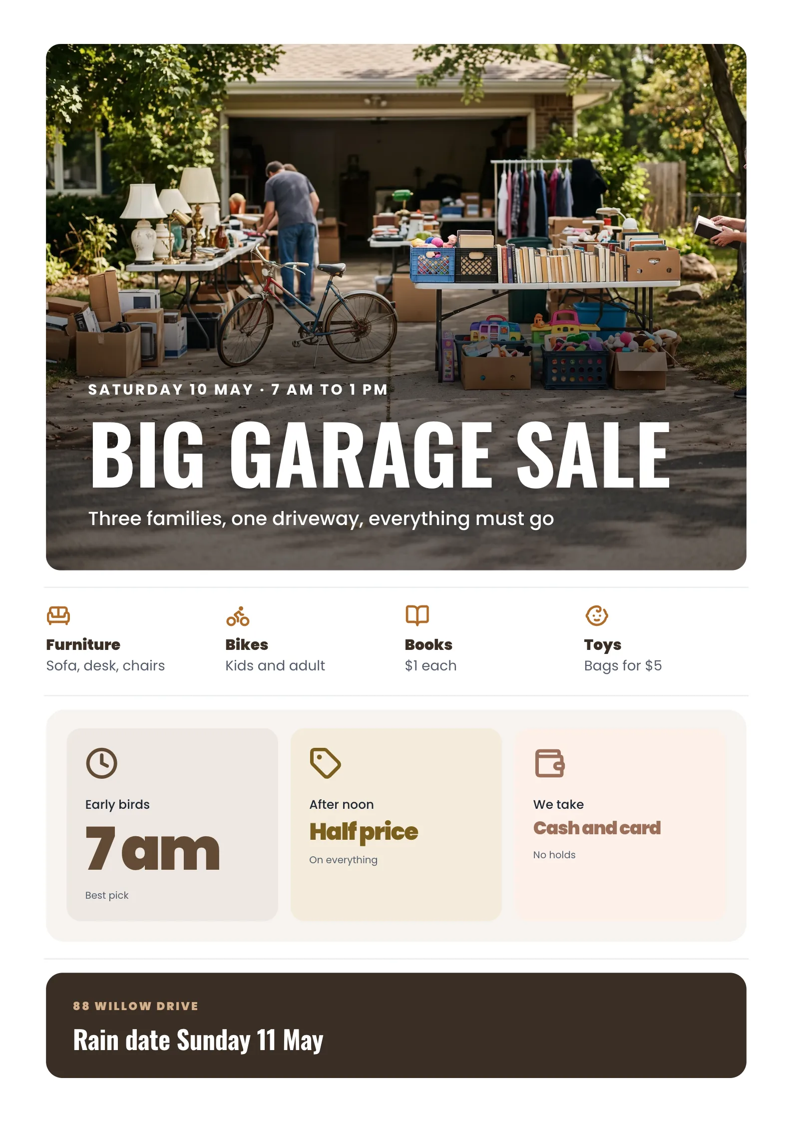Garage Sale Flyer with a driveway garage sale with tables of lamps, books, toys and a bicycle on a sunny day