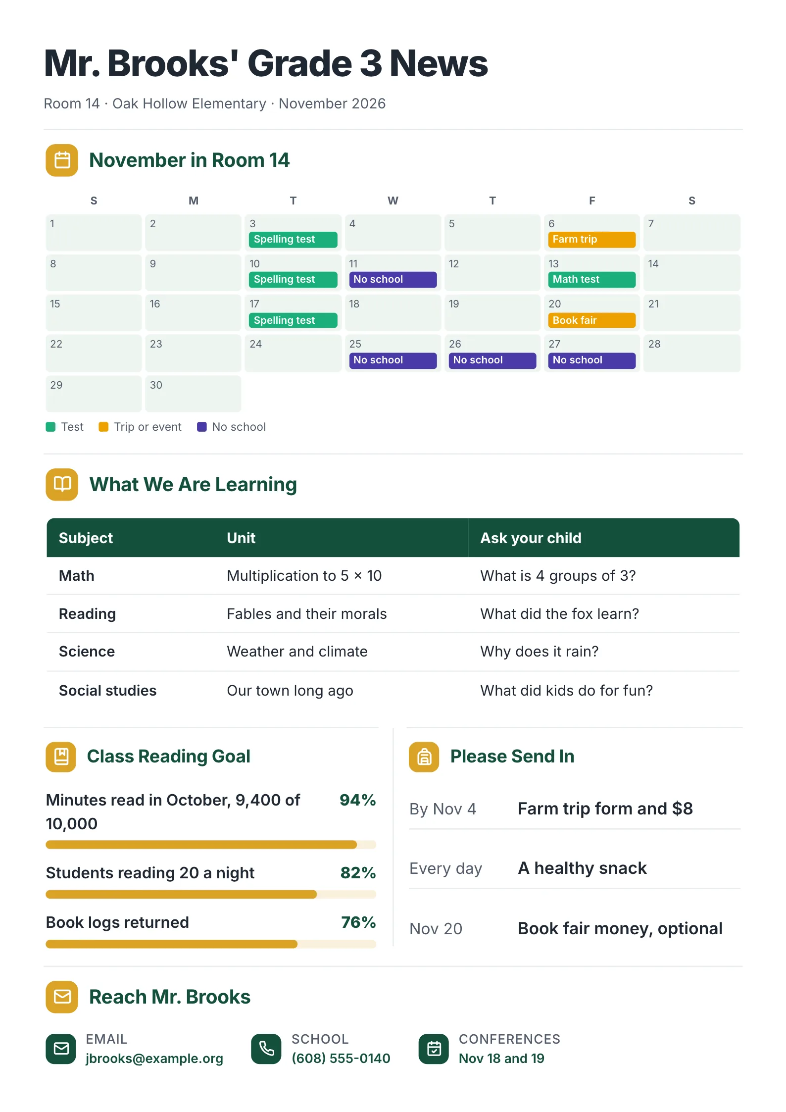 Grade 3 monthly teacher newsletter with a November calendar, units by subject, a reading goal and what to send in
