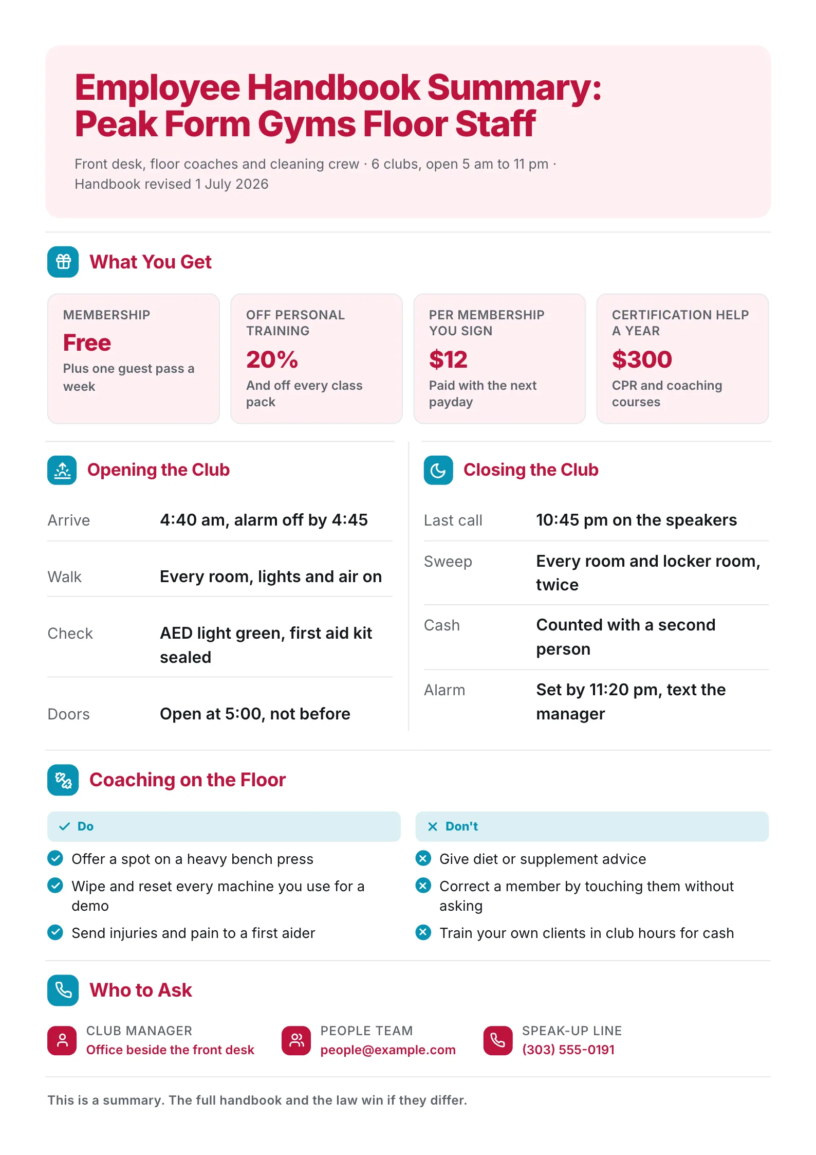 Employee handbook summary One-Pager for gym floor staff with perks, opening and closing steps and coaching rules