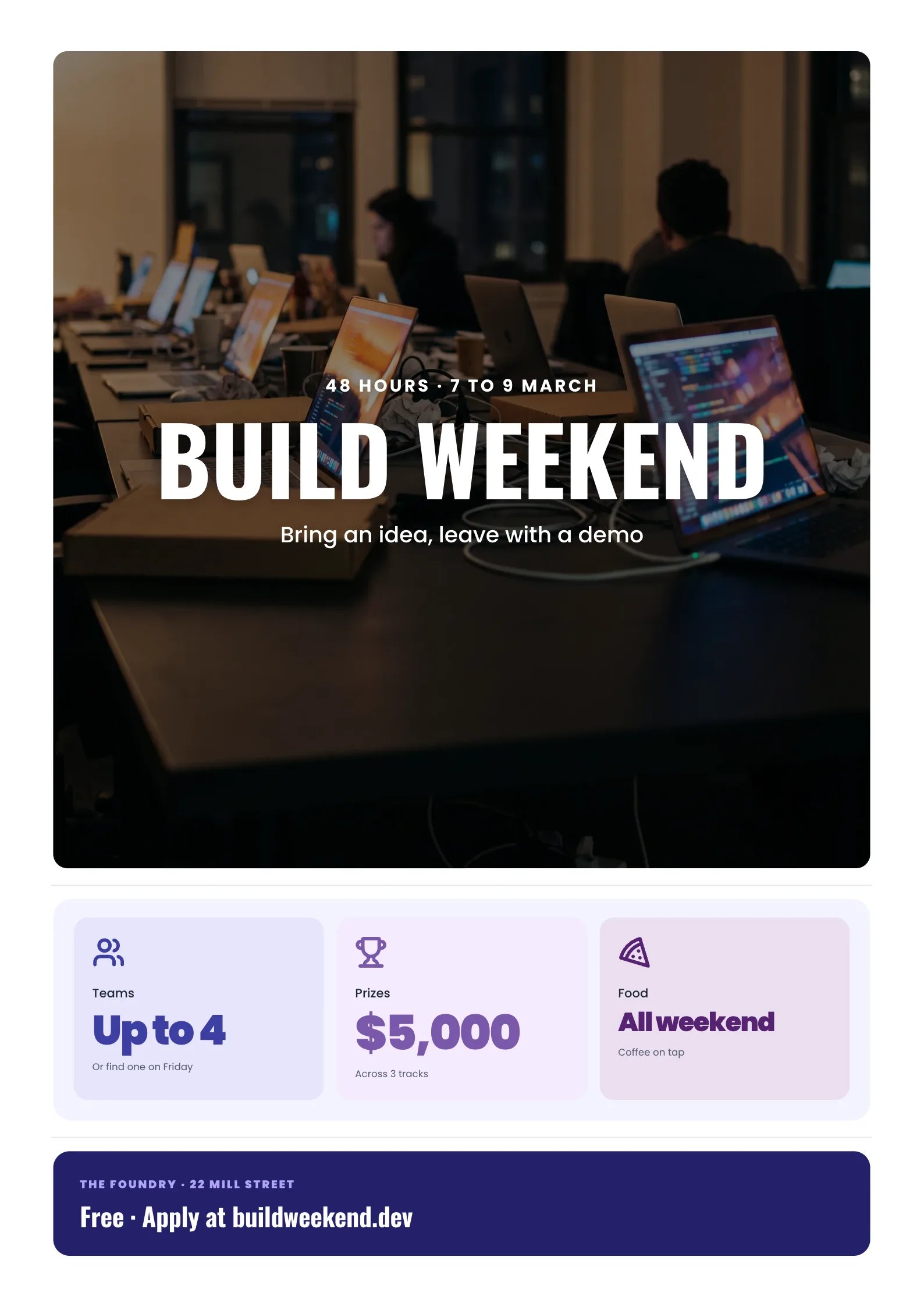 Hackathon Poster with a row of open laptops glowing on long tables at night with cables and pizza boxes