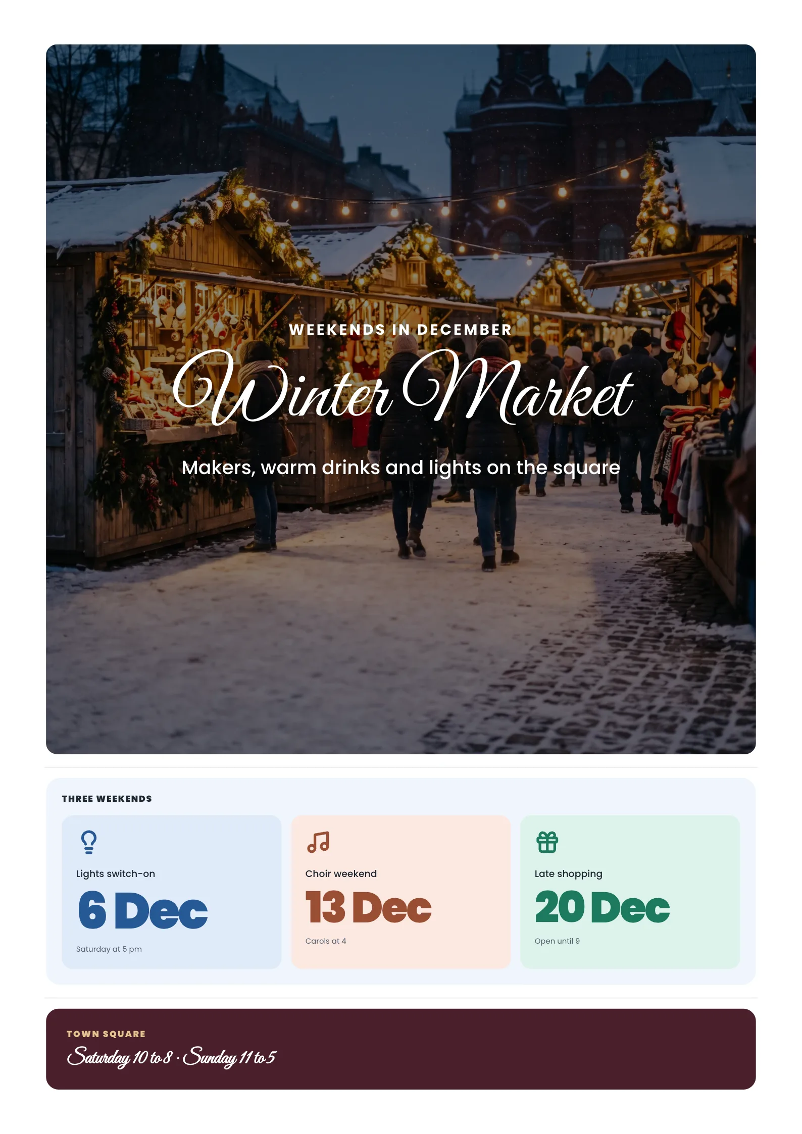 Holiday Market Poster with a winter holiday market of wooden stalls with garlands and warm lights in light snow