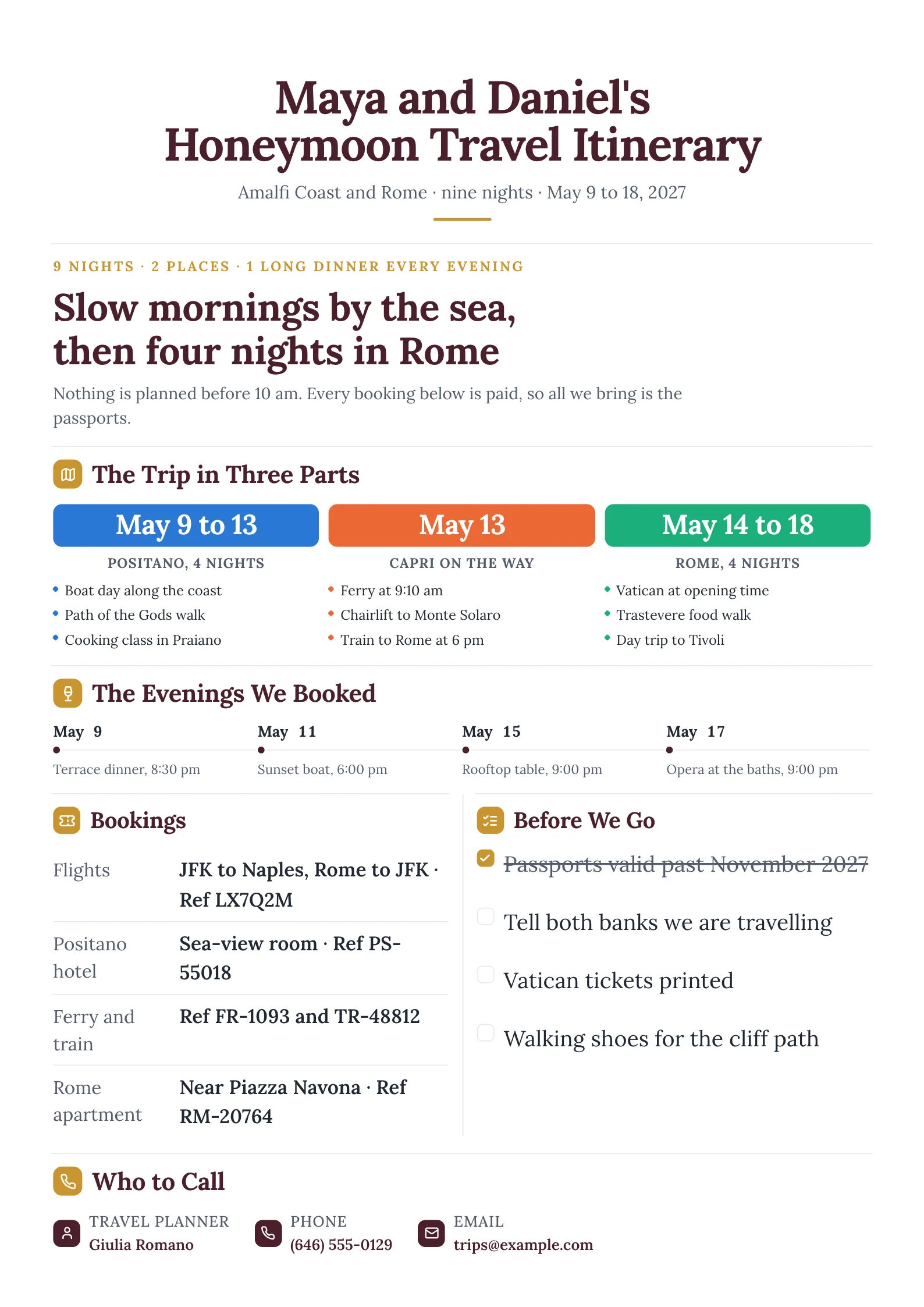 Honeymoon travel itinerary for the Amalfi Coast and Rome, with the trip in three parts, booked evenings, references and a planner contact