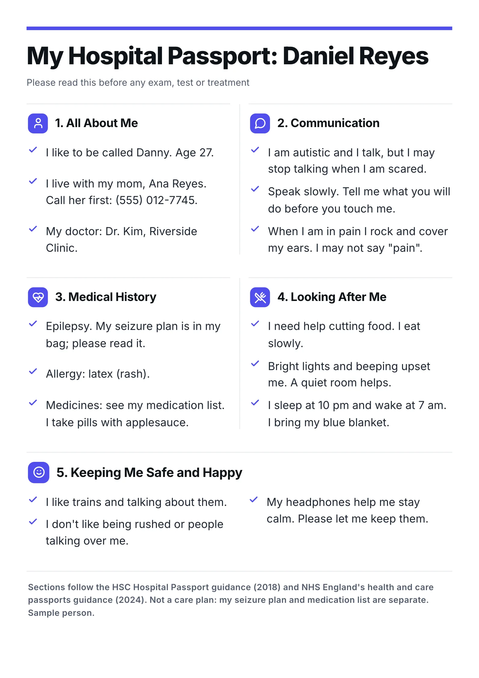 Hospital passport One-Pager template for a sample patient under five sections: all about me, communication, medical history, looking after me and keeping me safe and happy
