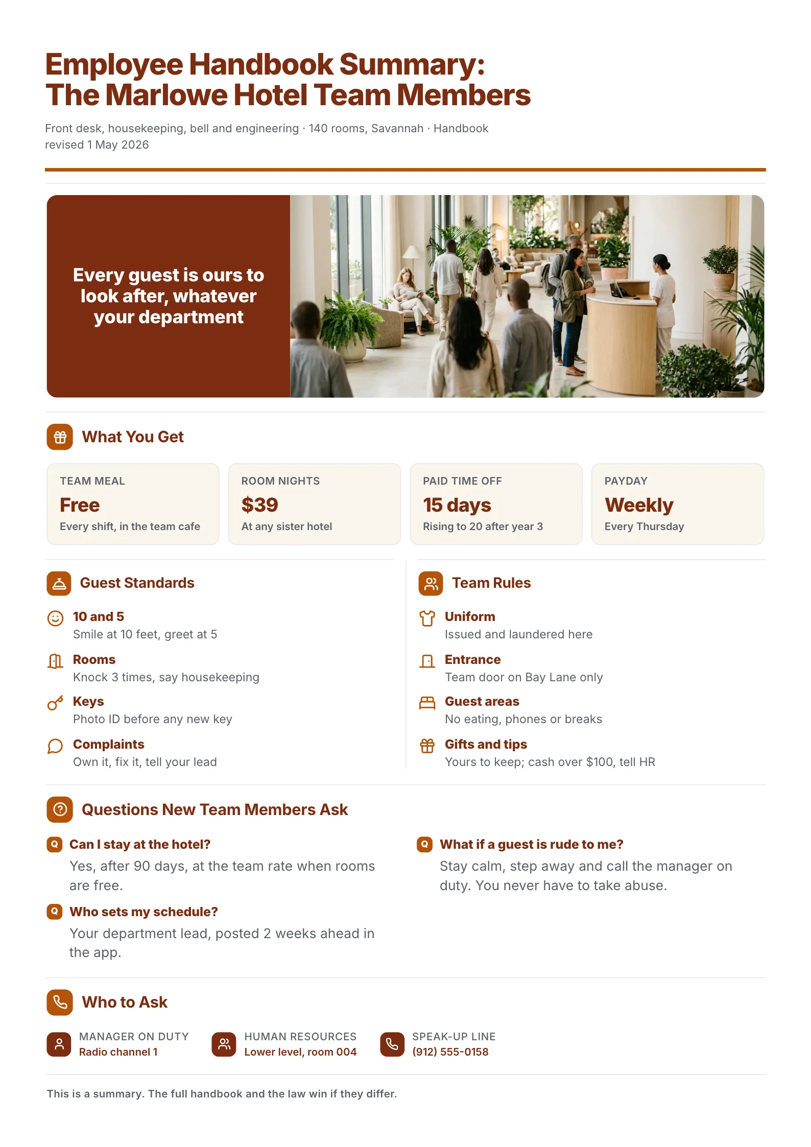 Hotel employee handbook summary One-Pager with team perks, guest standards and a new hire FAQ
