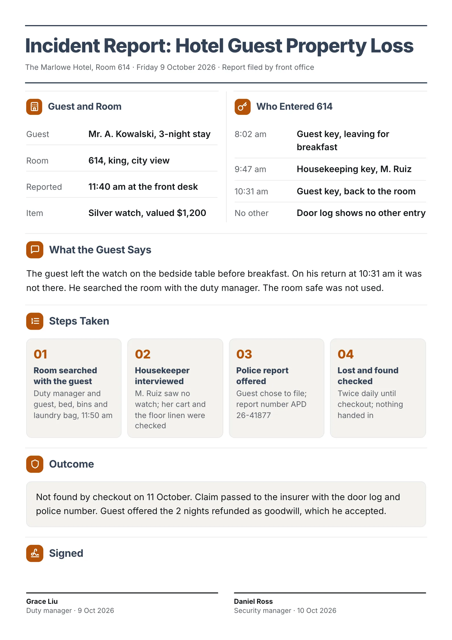 Hotel guest property loss incident report One-Pager with door key log, steps taken and outcome