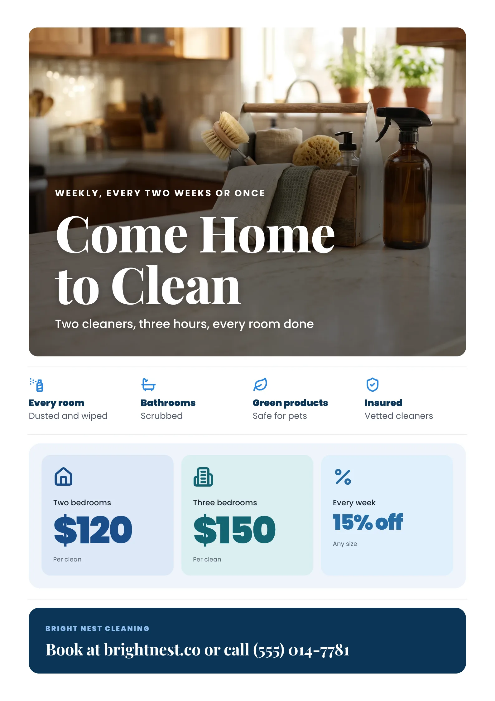 House Cleaning Flyer with a spotless bright kitchen counter with a spray bottle, cloths and a caddy of cleaning supplies