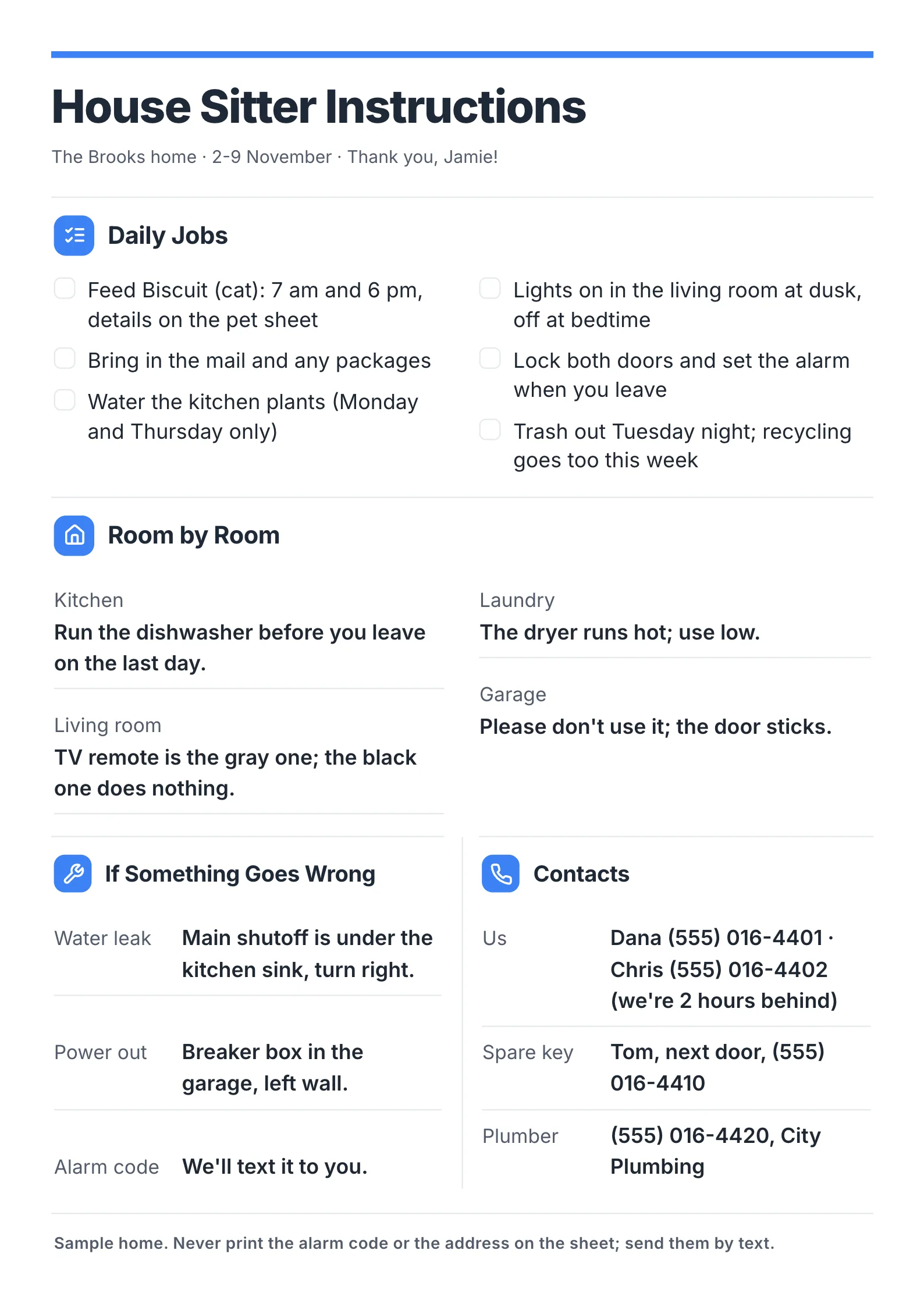 House sitter instructions One-Pager template with a daily jobs checklist, room by room notes, what to do about a water leak or a power cut, and contacts