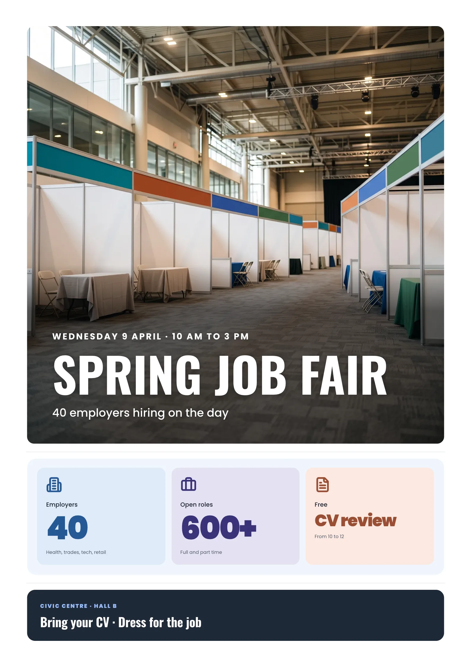 Job Fair Poster with rows of career fair booths with colourful blank banners in a bright exhibition hall