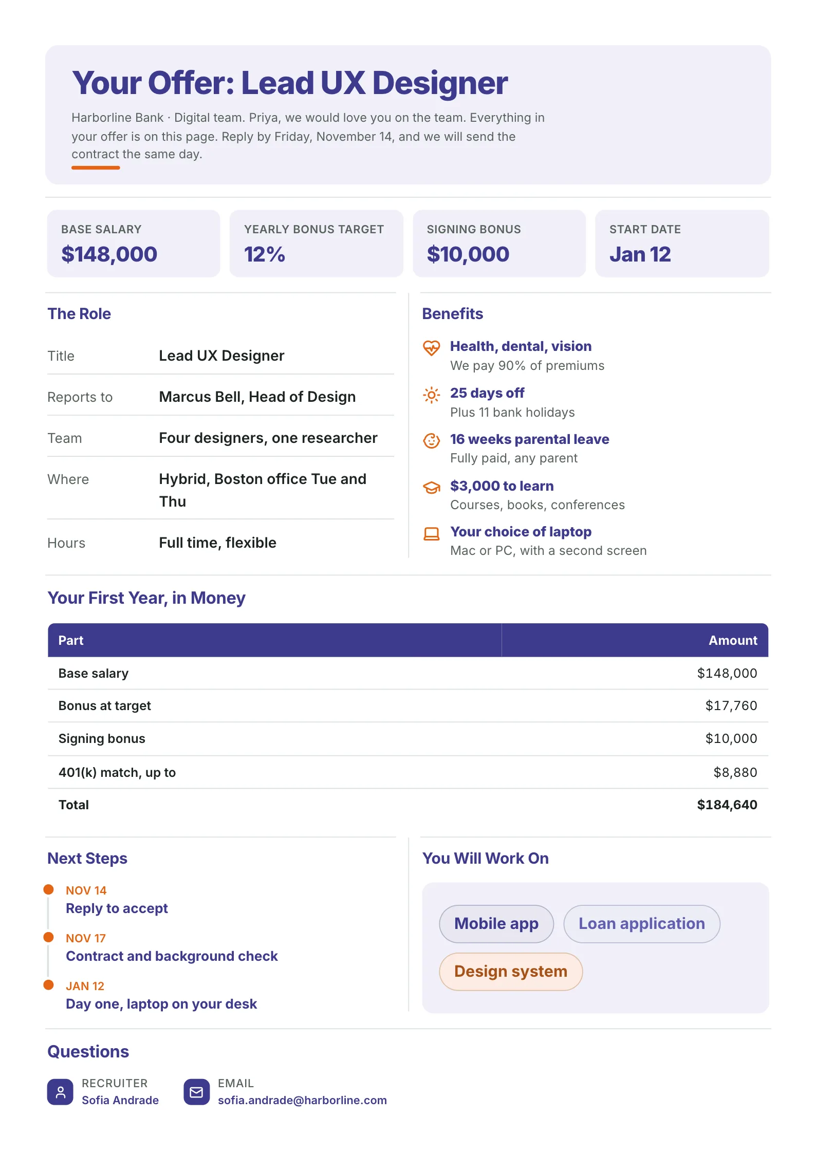 Job offer summary One-Pager template with base salary, bonus and signing figures, the role and manager, benefits with icons, a first-year pay table, next steps by date and the recruiter