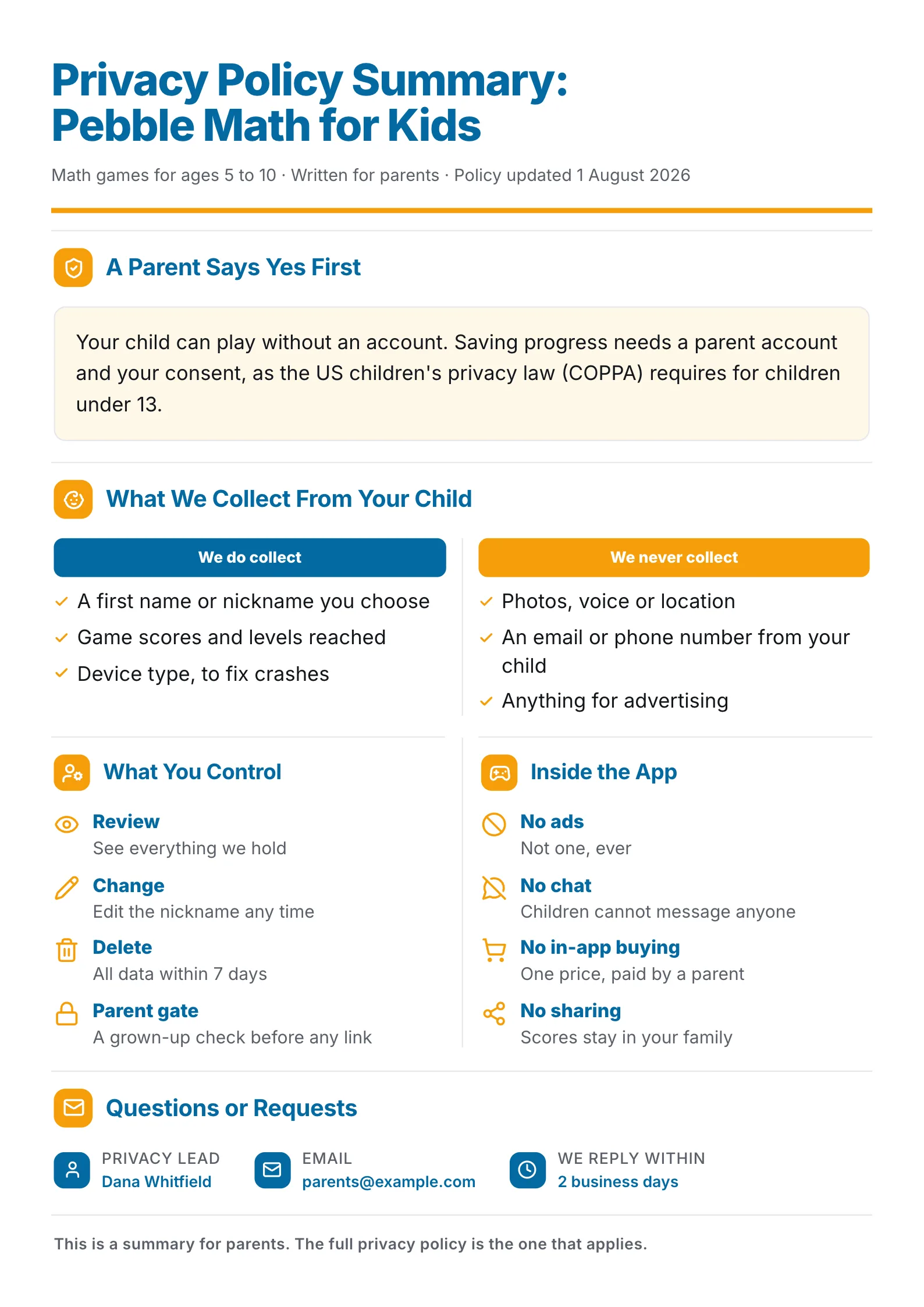 Kids app privacy policy summary One-Pager with parental consent, data collected and parent controls