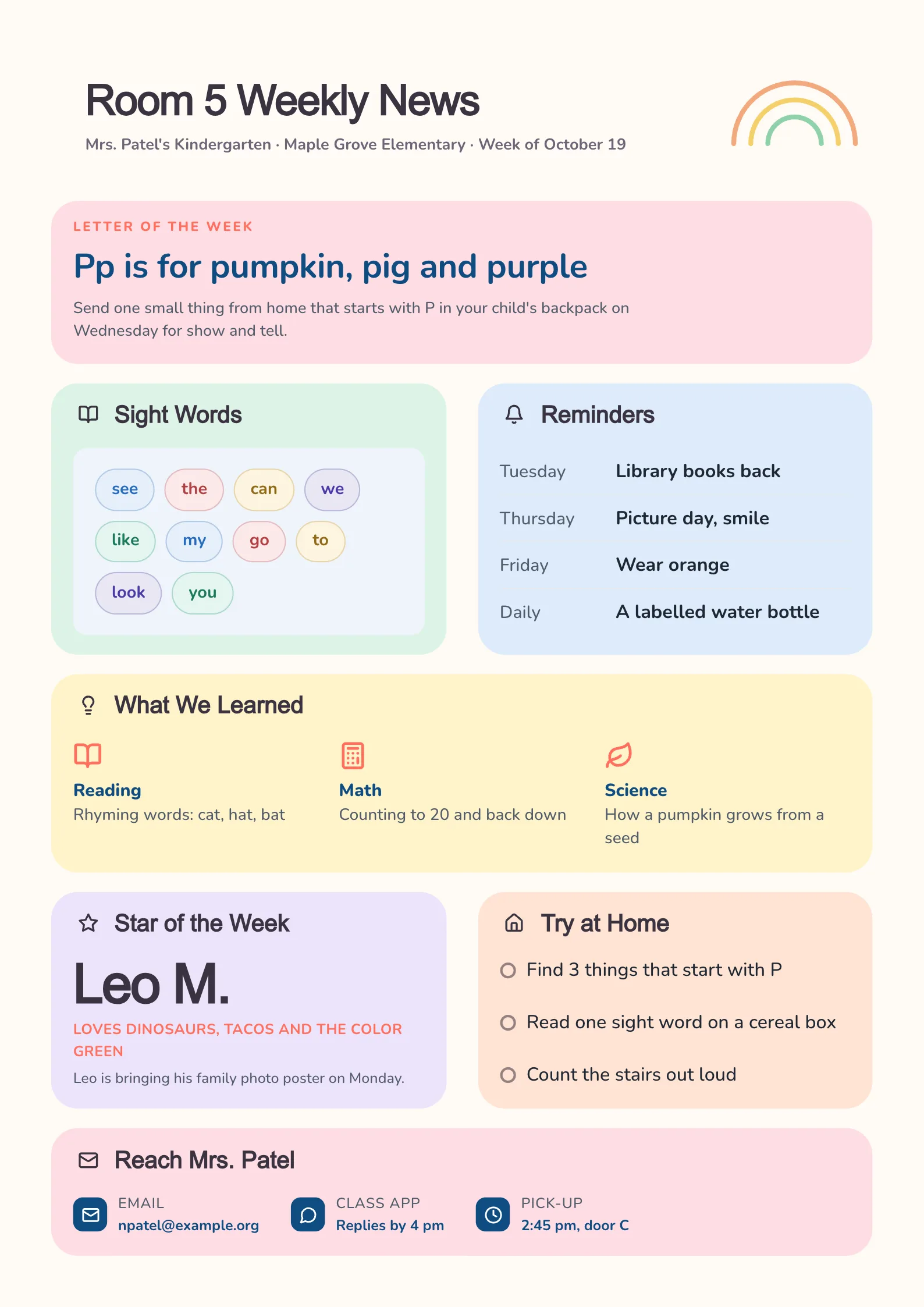 Kindergarten weekly teacher newsletter with the letter of the week, sight words, reminders and a student of the week