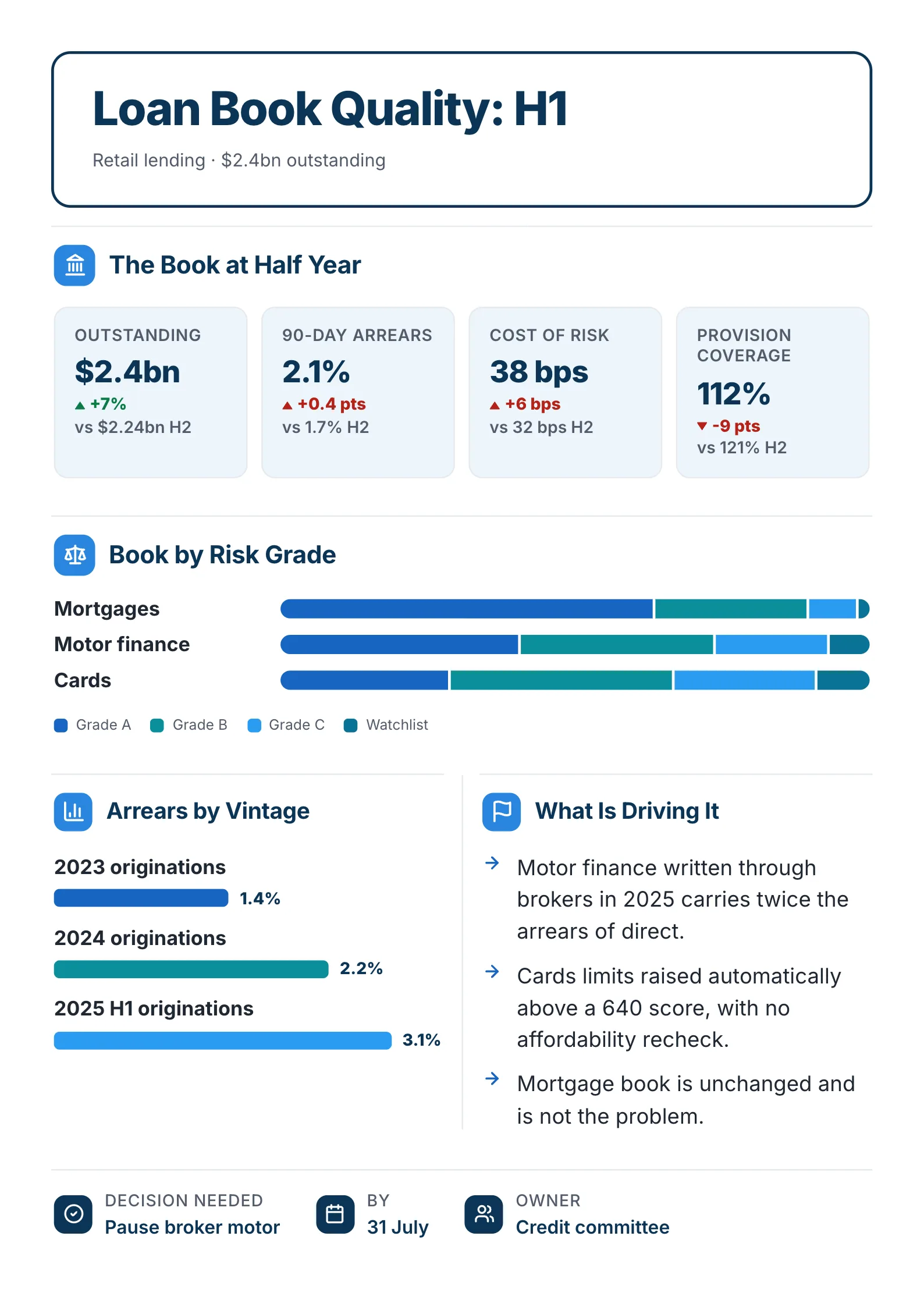 Loan portfolio review One-Pager example with the book by risk grade, arrears by vintage and what is driving them